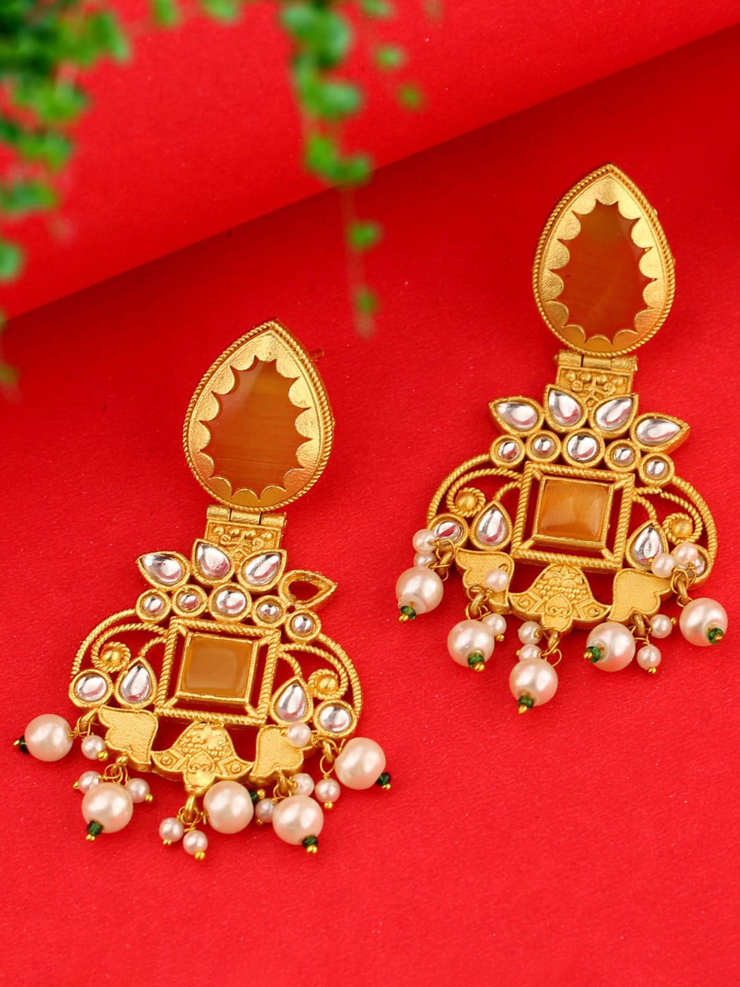SANAA CREATIONS Gold-Plated Artificial Stones Studded & Beaded Contemporary Drop Earrings