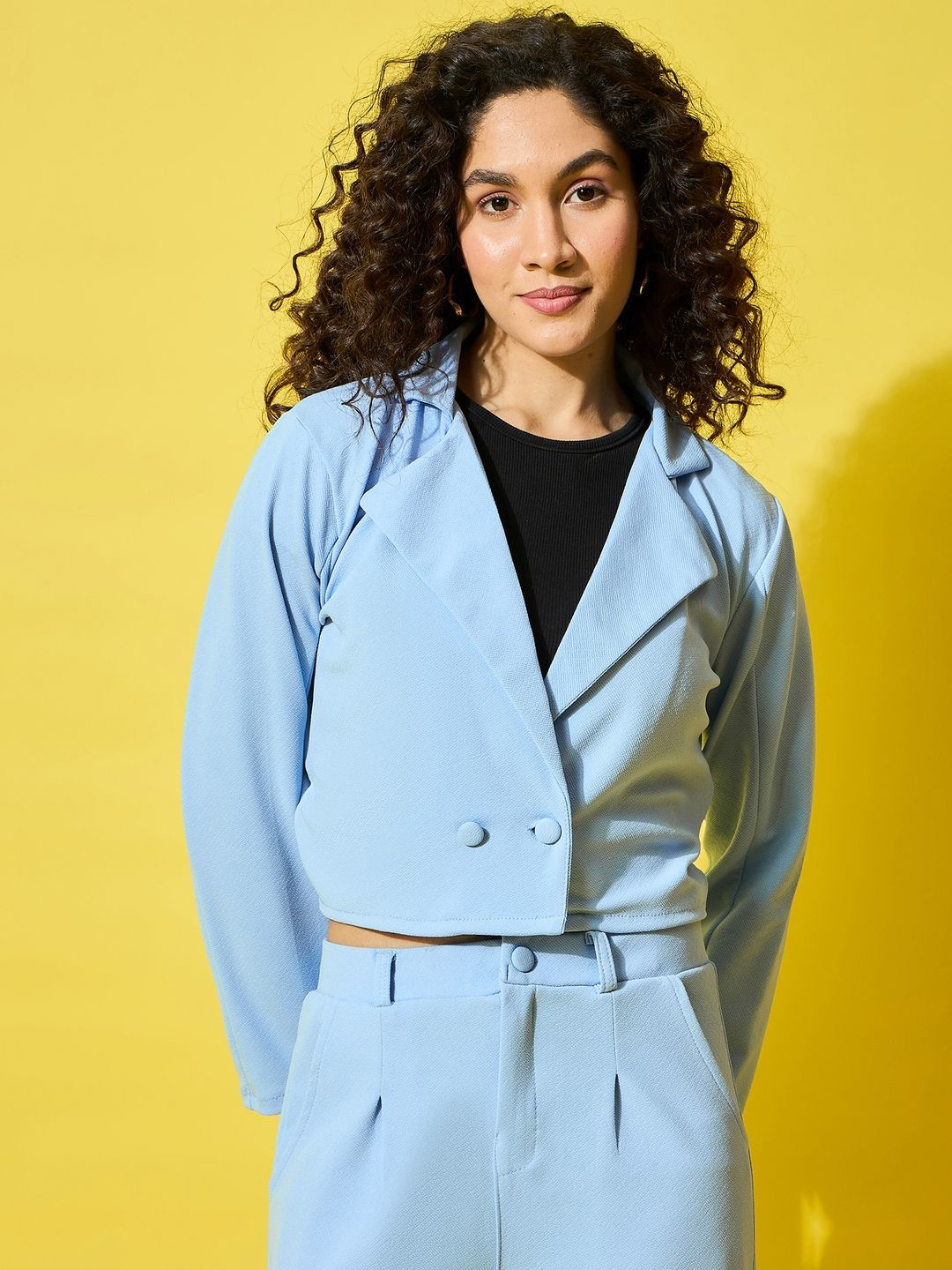 BUY NEW TREND Double-Breasted Notched Lapel Collar Formal Crop Blazer