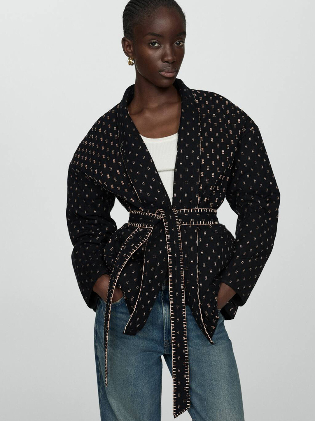 MANGO Pure Cotton Quilted Jacket With Belt