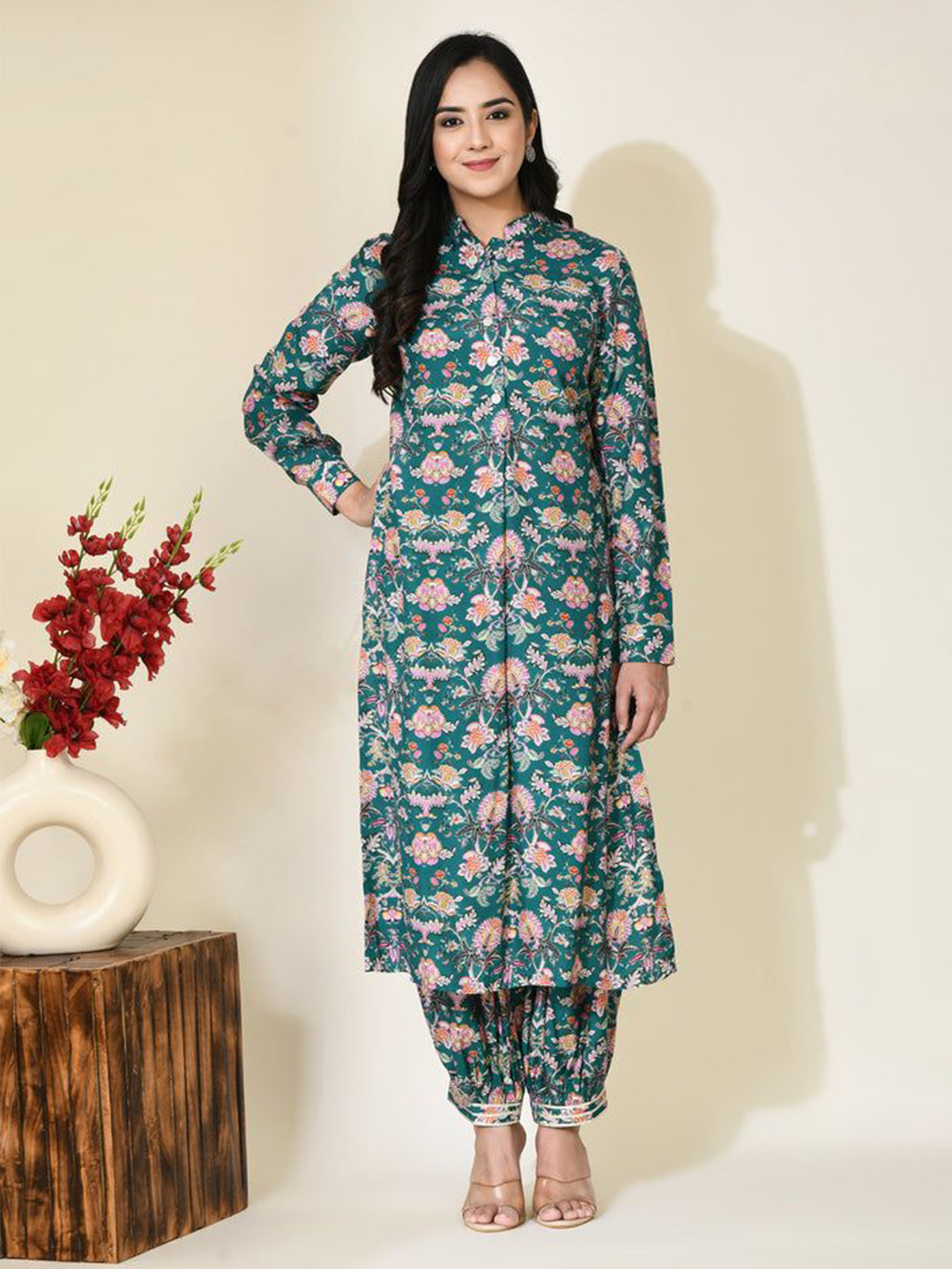 SEEDS OF FUSION Floral Printed Band Collar Pure Cotton Straight Kurta