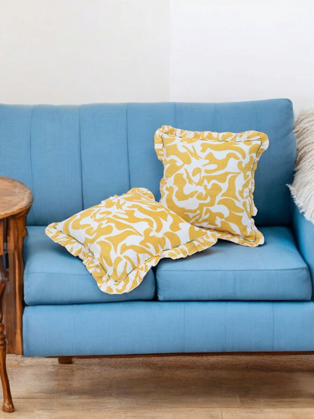 Dhrohar Yellow & White 2 Pieces Abstract Printed Ruffled Edge Square Shaped Cushion Covers