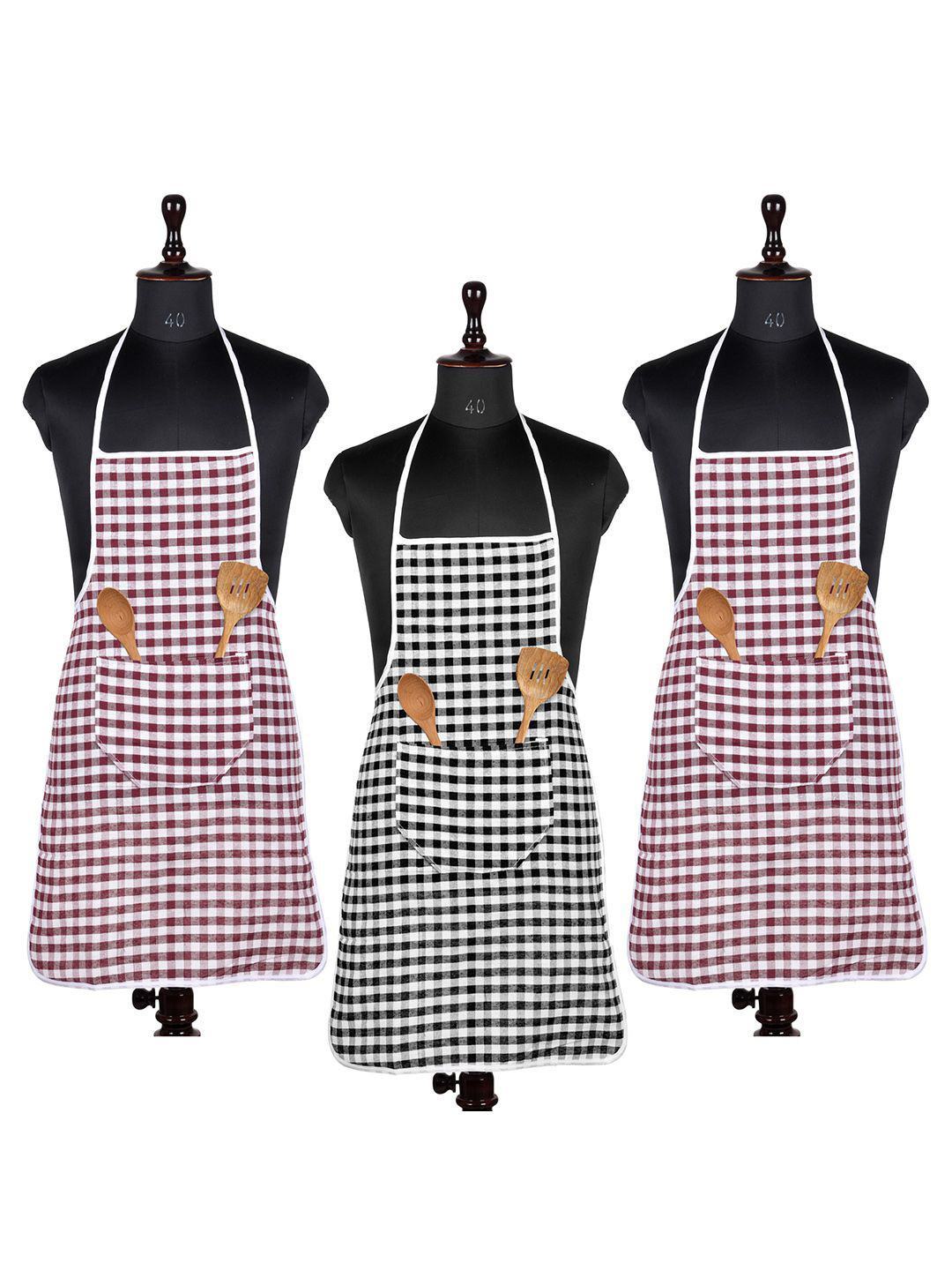 Kuber Industries Red & Green 3 Pieces Checked Cotton Front Pocket Aprons