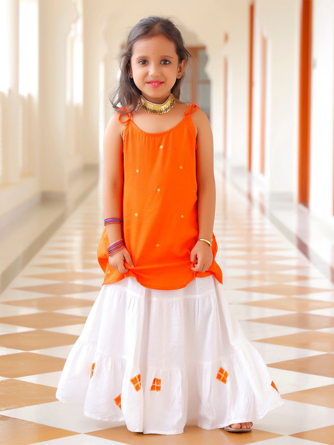 Thread & Button Girls Saffron Orange Skirt Set