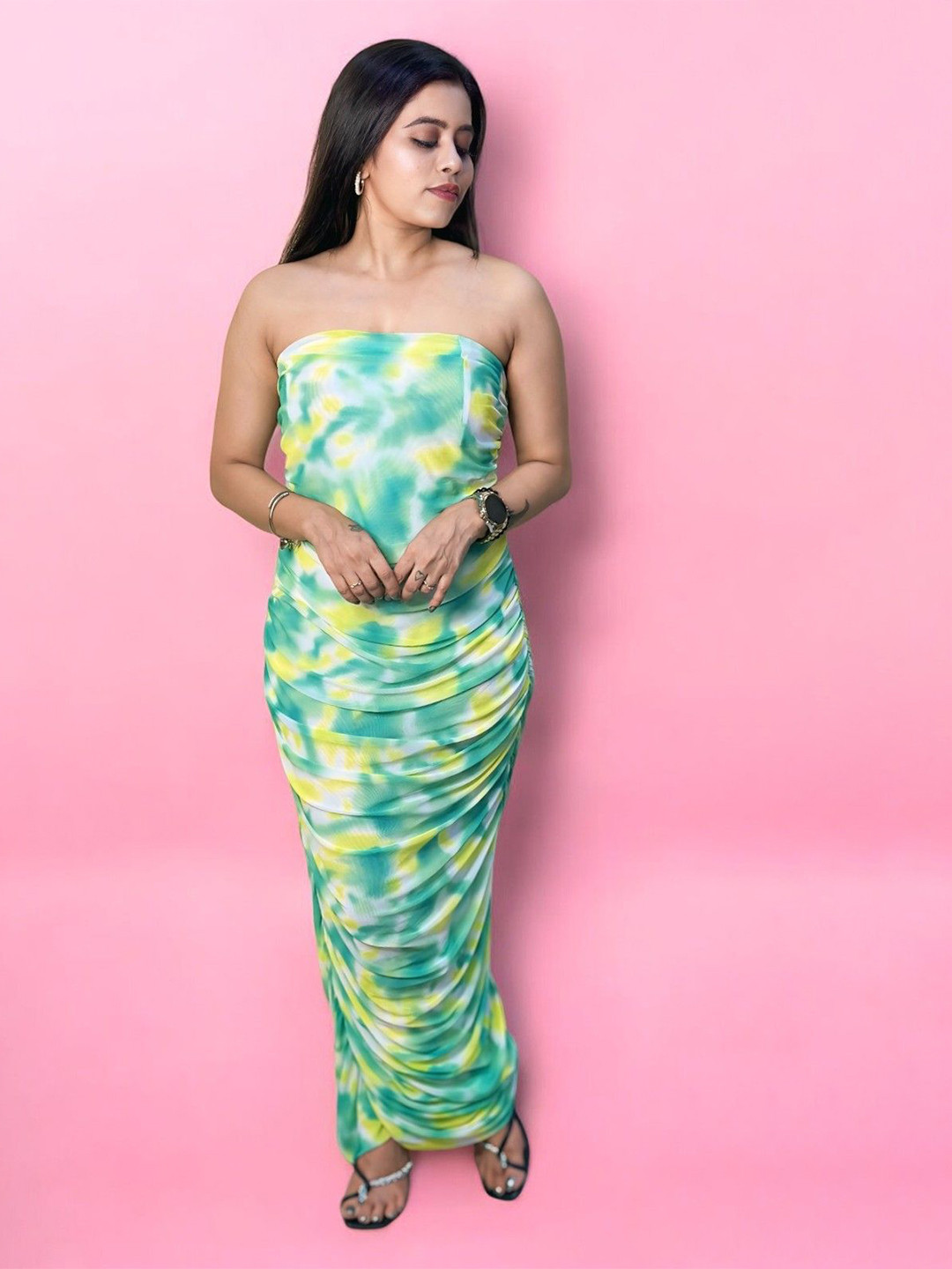 HOW House Of Wear Tie and Dye Print Net Bodycon Maxi Dress
