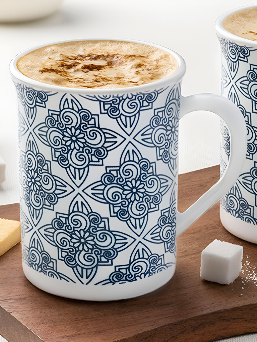 Larah by BOROSIL White & Blue Printed Opalware Matte Mug 350 ml