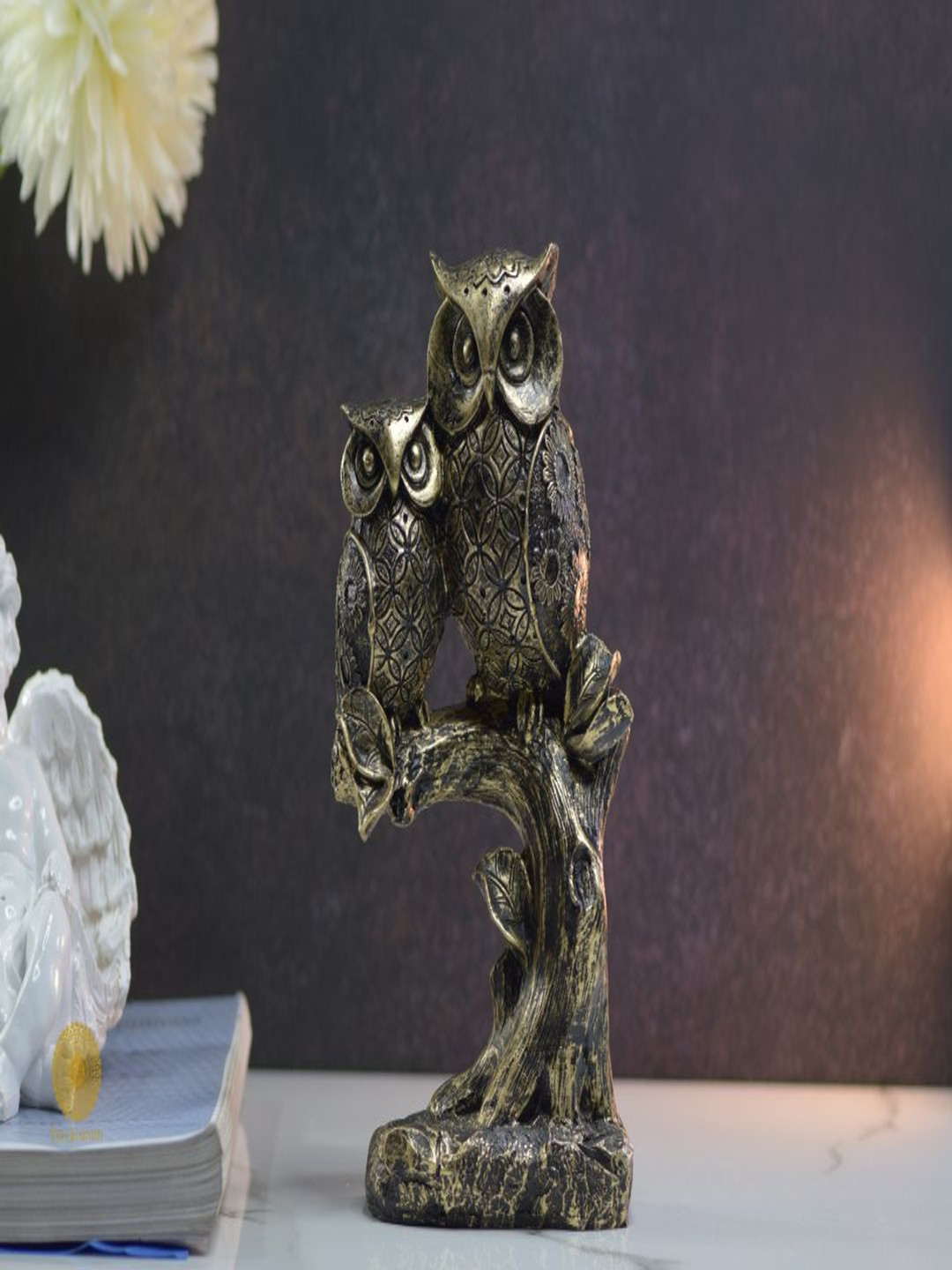 The Gharnish Owl Pair Gold Polyresin Matte Garden Medium Showpiece - 5.5 Inches
