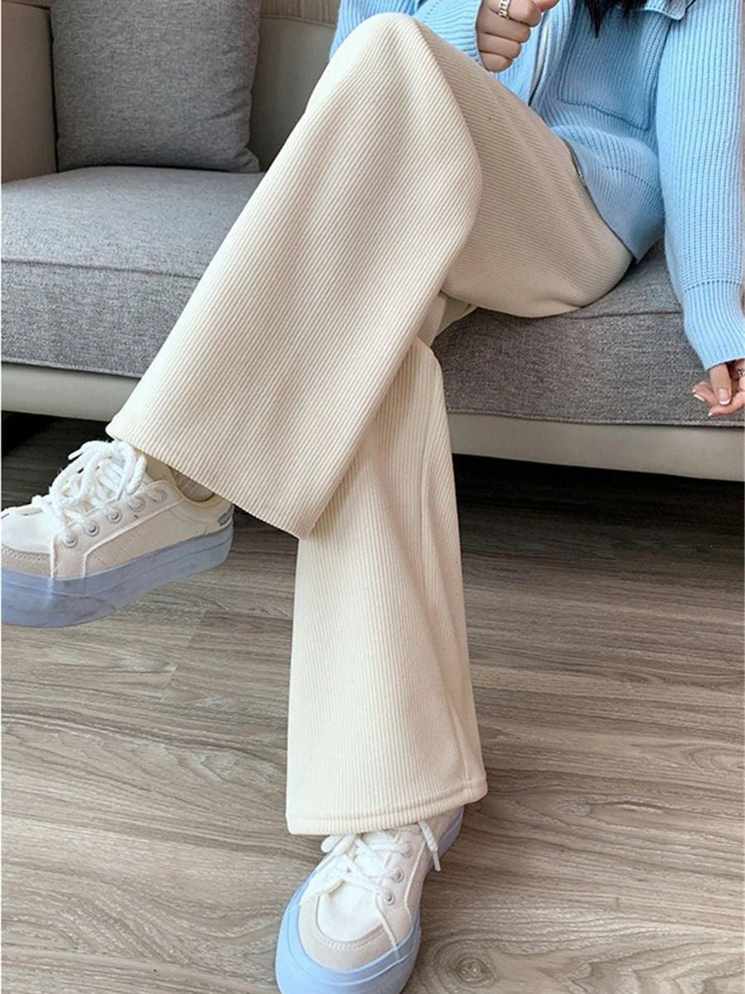 Miss Mosa By Akanksha  Beige Marley Wide Leg Fleece Pants