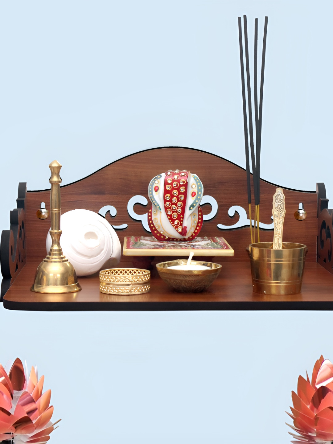 HEARTILY Brown Uno Beautiful Wooden Pooja Home Temple