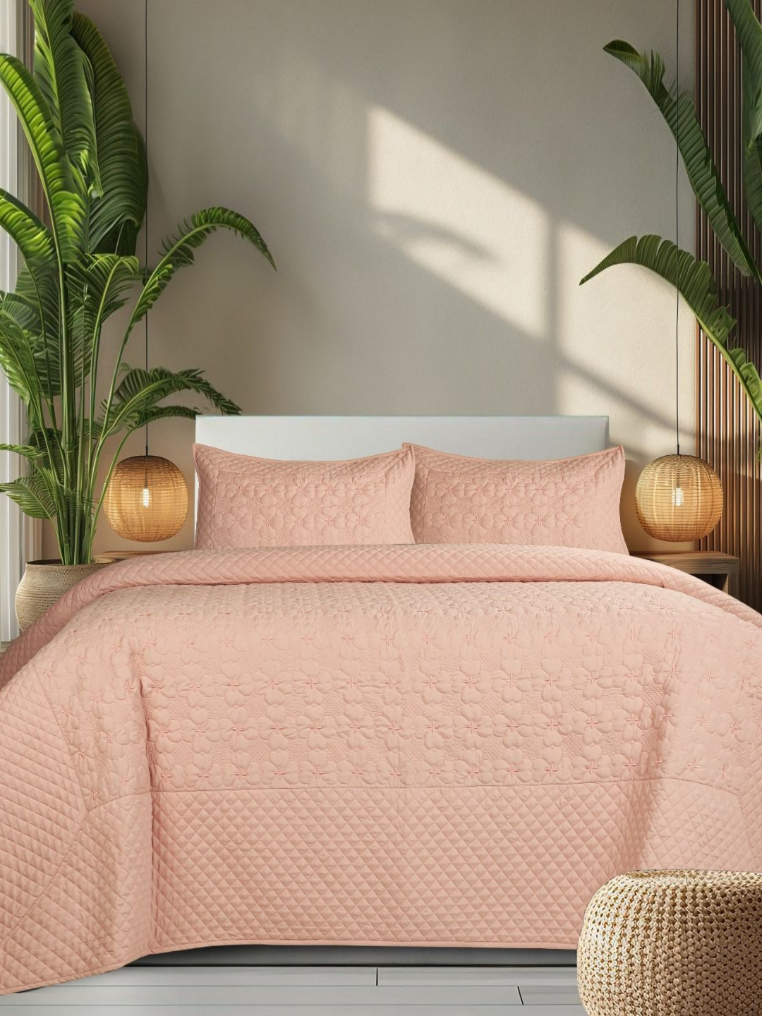 Aura Pink Floral Textured Cotton Double Bed King Size Bed Cover Set 2.74 m x 2.74 m