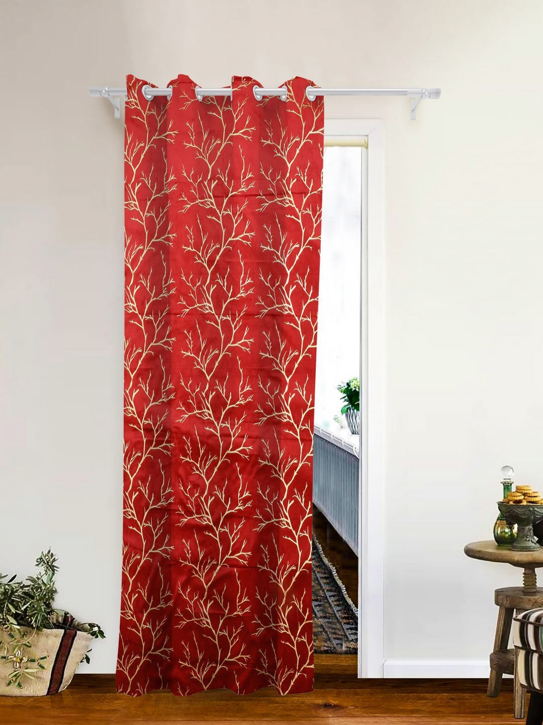 THE CONVERSION Maroon & Gold-Toned Foil Work Velvet Room Darkening Long Door Curtain