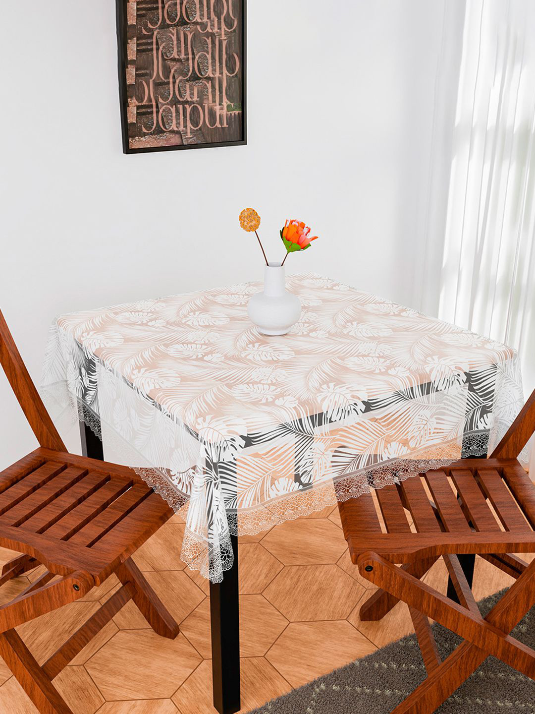 Kuber Industries White & Transparent Floral Printed Anti-Skid 2-Seater Table Cover