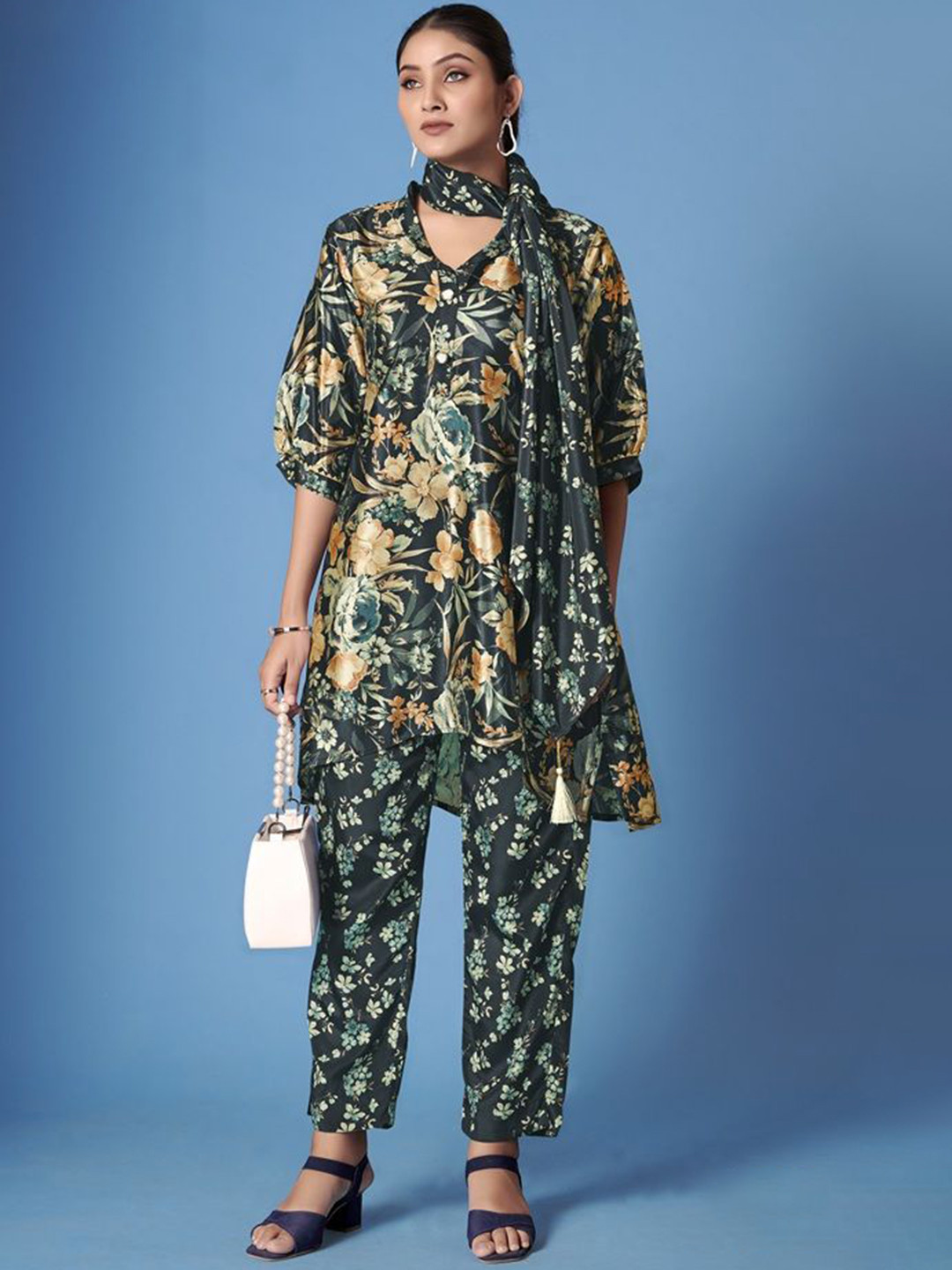 JIVORA Lumina Printed Pure Silk V-Neck Top With Trousers & Scarf Co-Ords