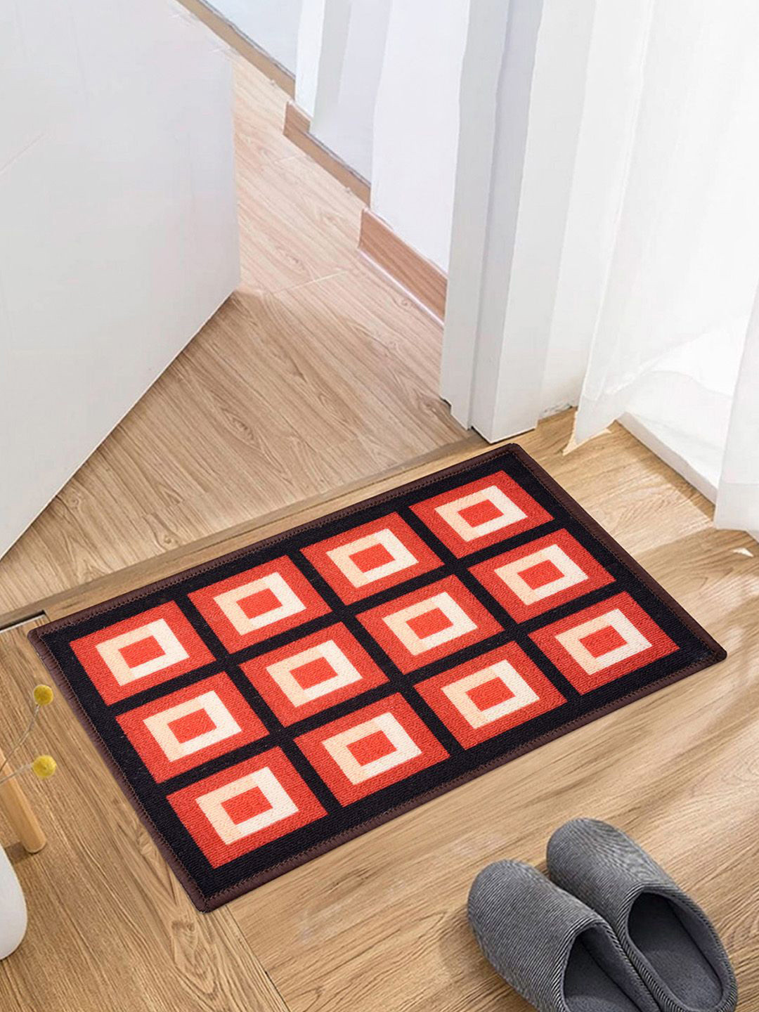 Kuber Industries Brown & Red Printed Velvet Square Entrance Door Mat