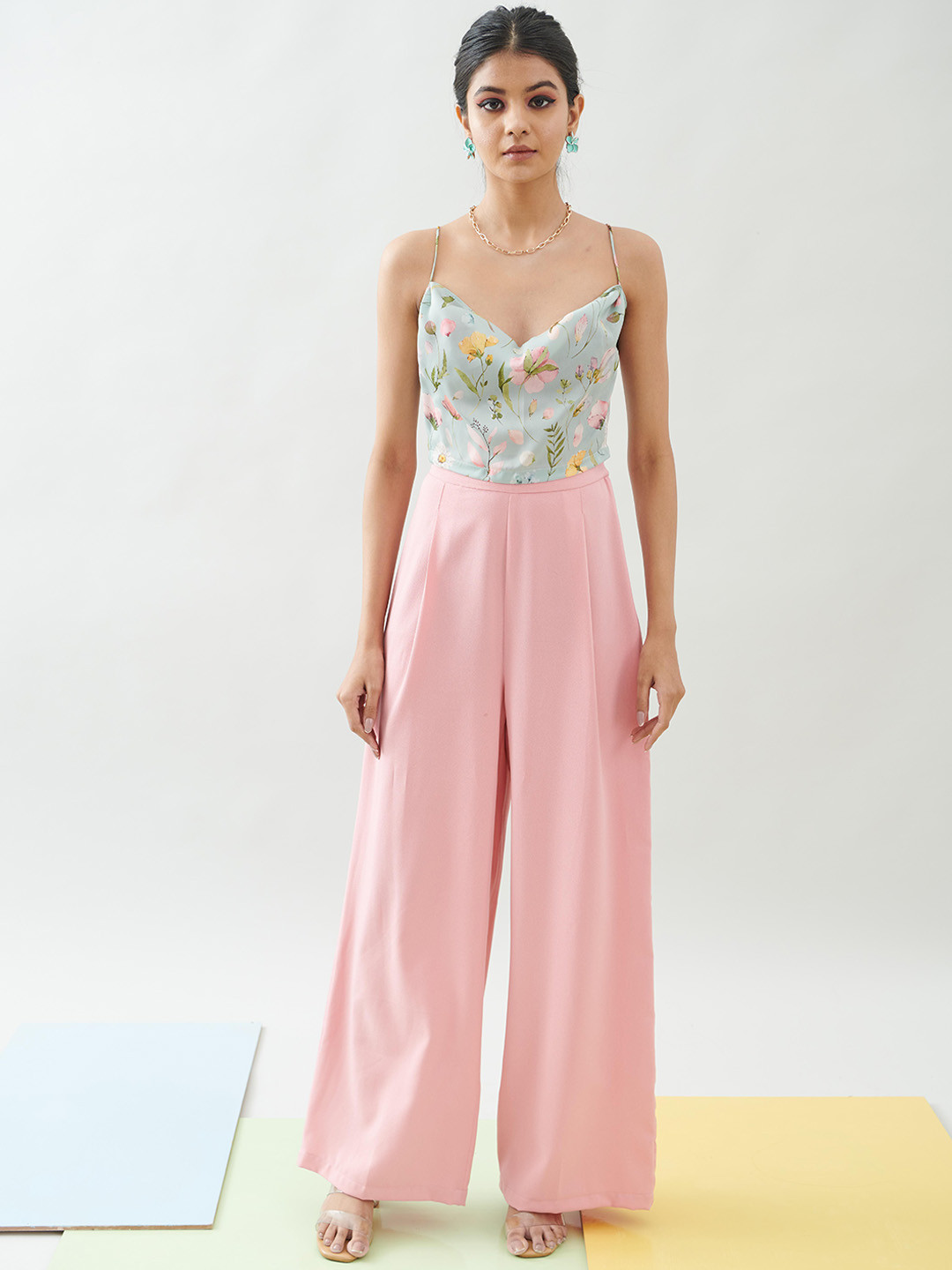 WEAVING CULT Spring Fields Floral Printed Noodle Strap Top with Palazzo Co-ord Set