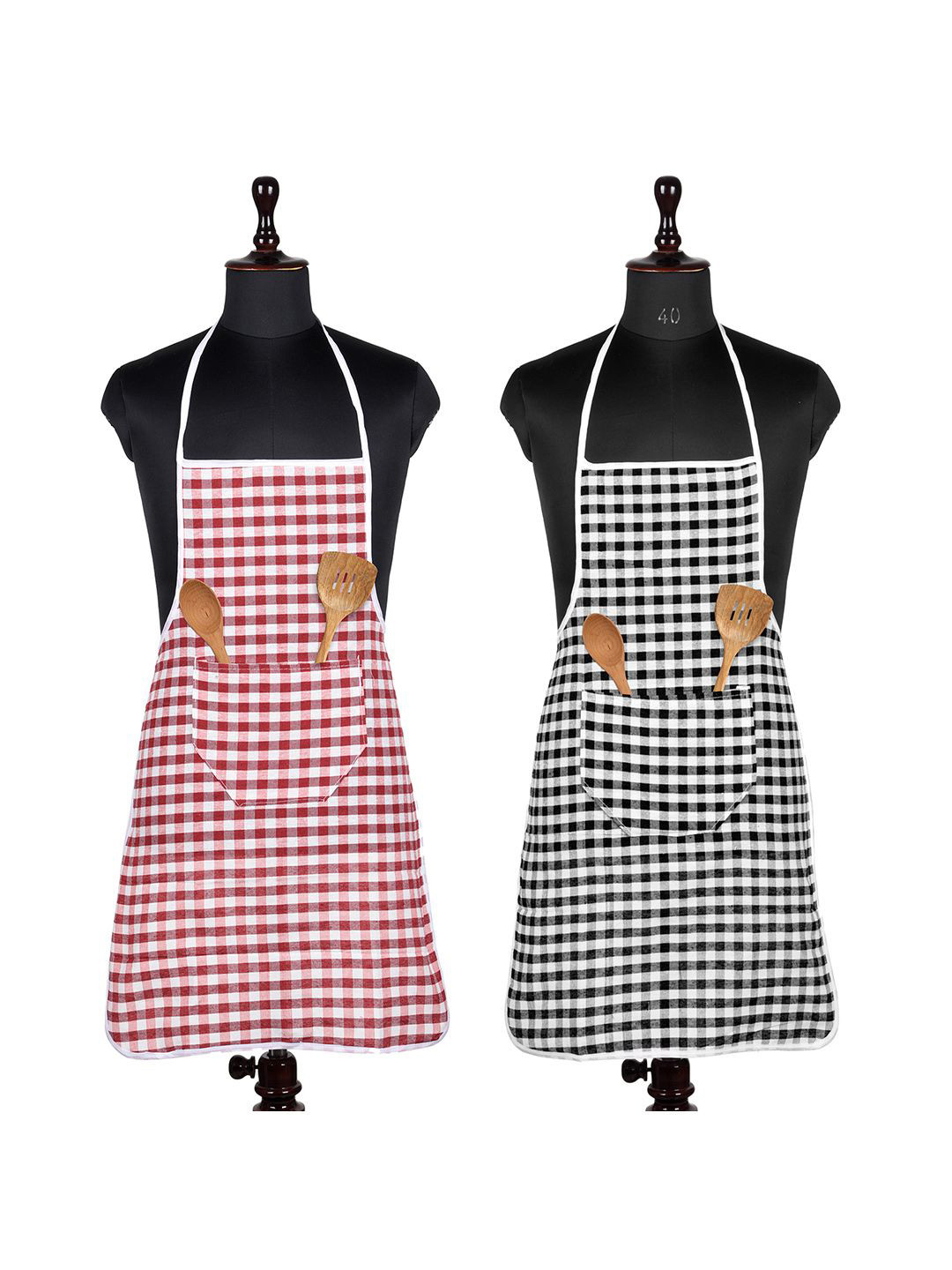 Kuber Industries White 2 Pieces Checked Cotton Skin Friendly Water Resistant Aprons