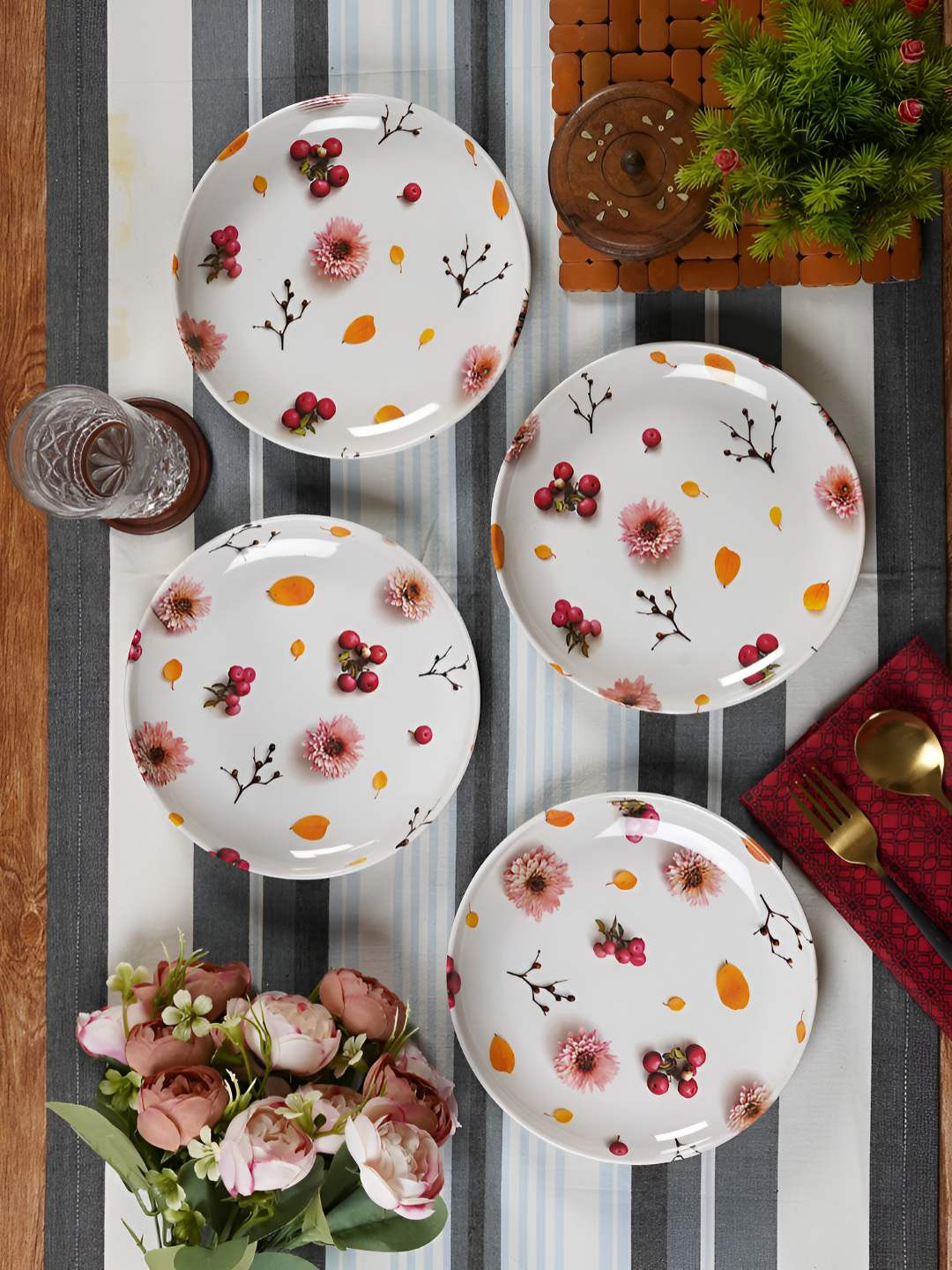 CDI White 6 Pieces Floral Printed Melamine Dishwasher Quarter Plates Glossy Dinner Set