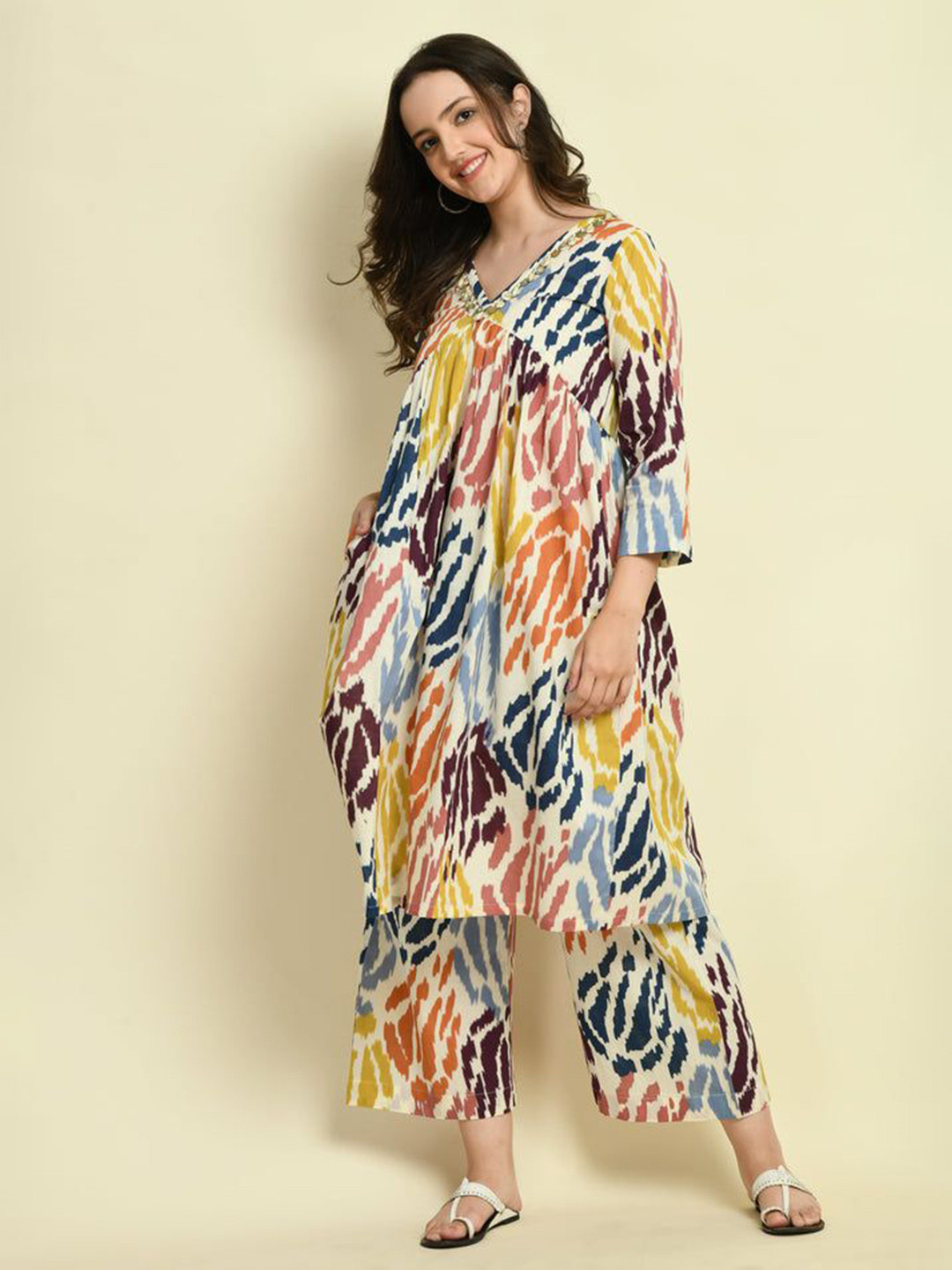 SEEDS OF FUSION Abstract Printed Pure Cotton V-Neck A-Line Kurta