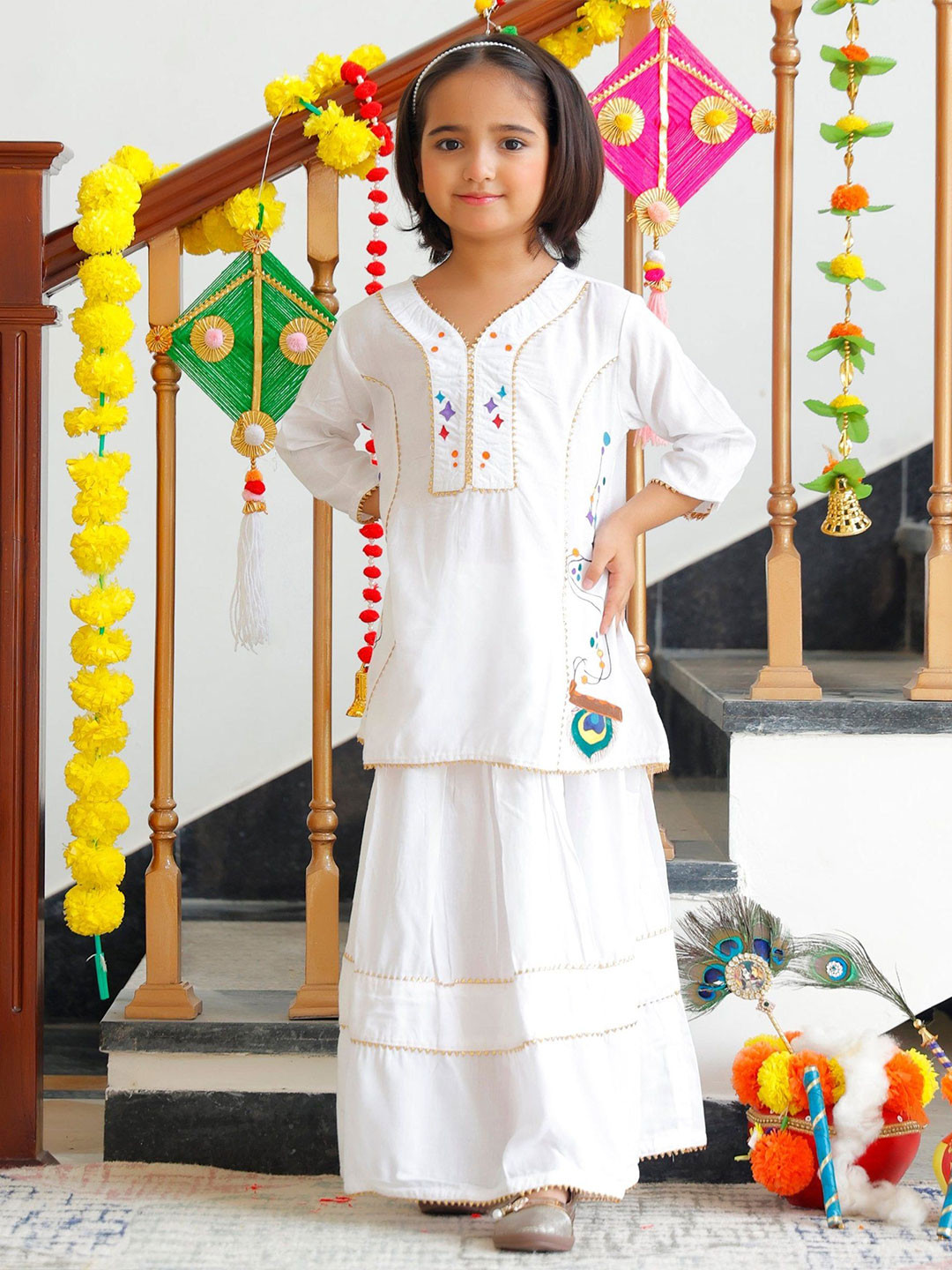 Thread & Button Girls Little Radha White Kurta With Skirt Set