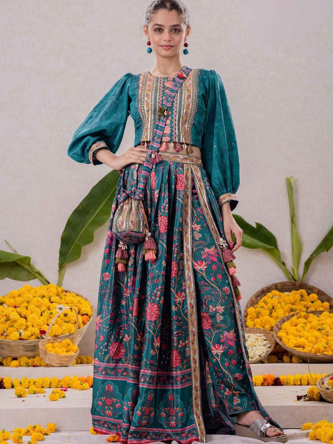 Lagorii Luxe Floral Embroidered Ready to Wear Lehenga Choli With Potli Bag