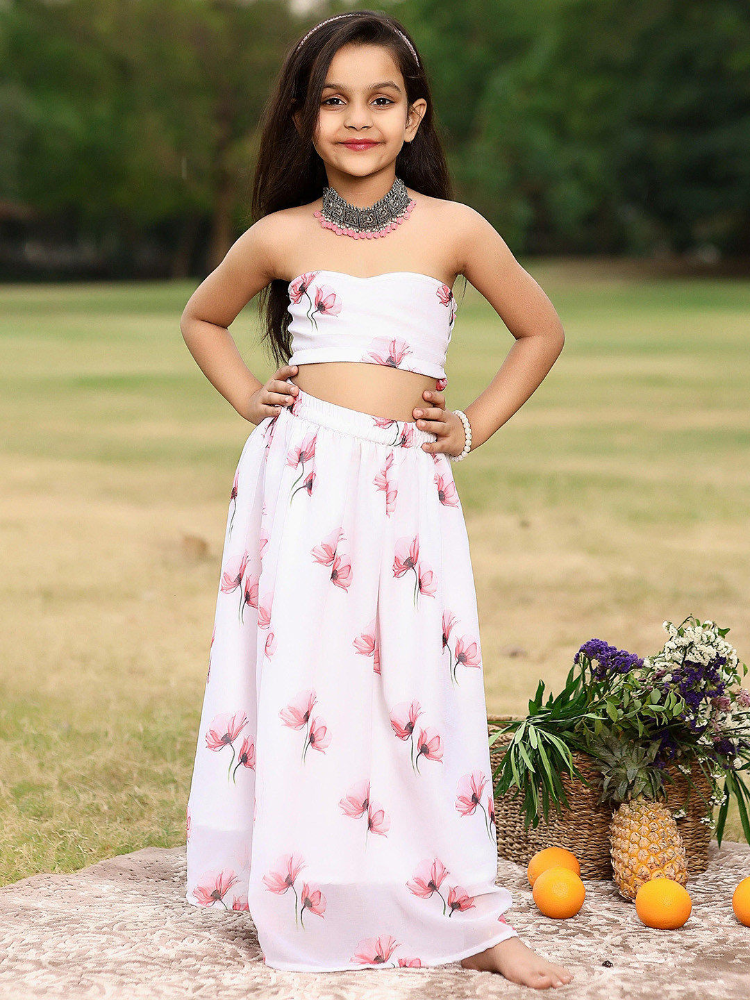 Thread & Button Drizzle Girls Printed Pure Silk Tube Top with Skirt