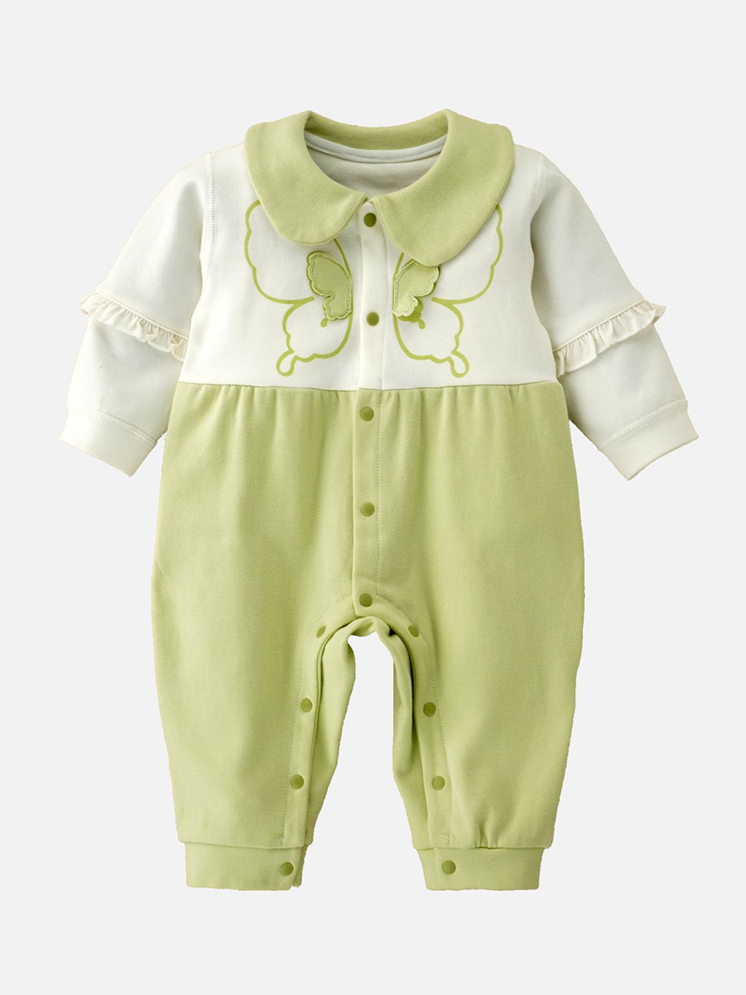 Little Surprise Box LLP Kids Green & Cream Butterfly Full Sleeves Jumpsuit Style Romper