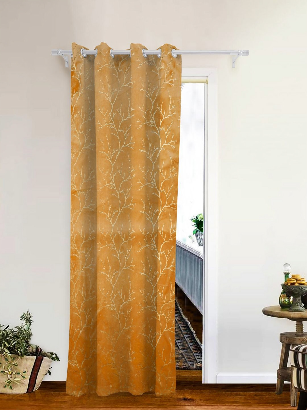 THE CONVERSION Mustard & Gold-Toned Foil Work Velvet Room Darkening Long Door Curtain