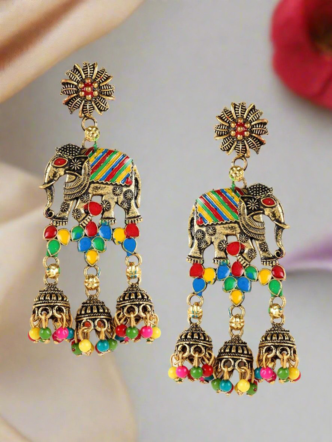 Anouk Gold Plated Artificial Stones Studded And Beaded Anima Shaped Drop Earrings