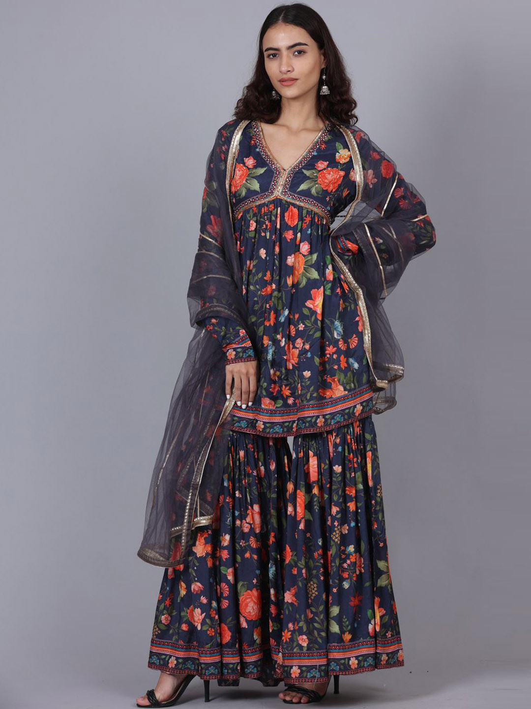 POPPIES LANE Chinon Sharara Kurta Set with V Neck and Full Slevee Design