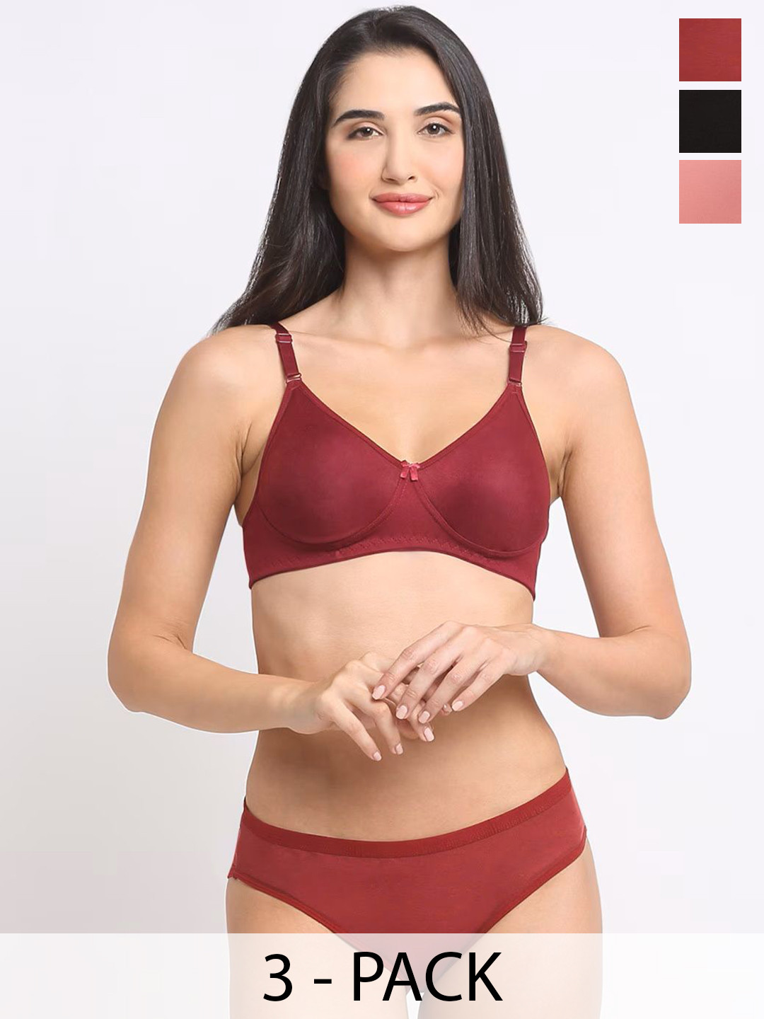 Designer Bugs Pack Of 3 Cotton Non Padded Non Wired Lingerie Set NPLS-B-RG-M-30B