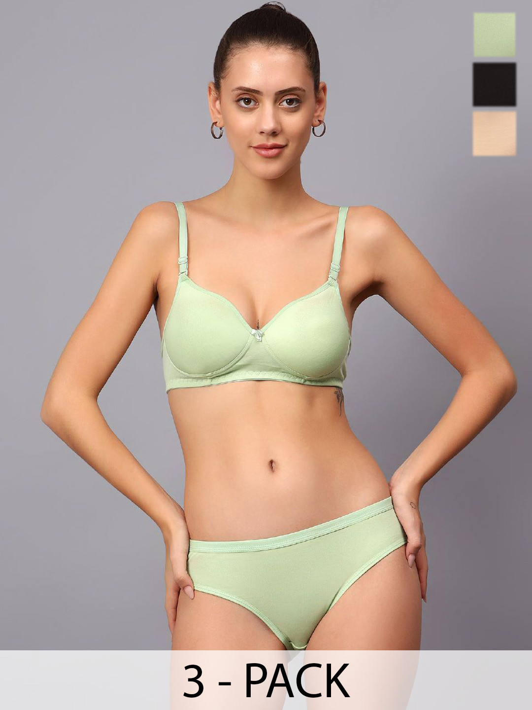 Designer Bugs Women Pack Of 3 Cotton Non Padded Non Wired Lingerie Set NPLS-B-PH-LG-30B