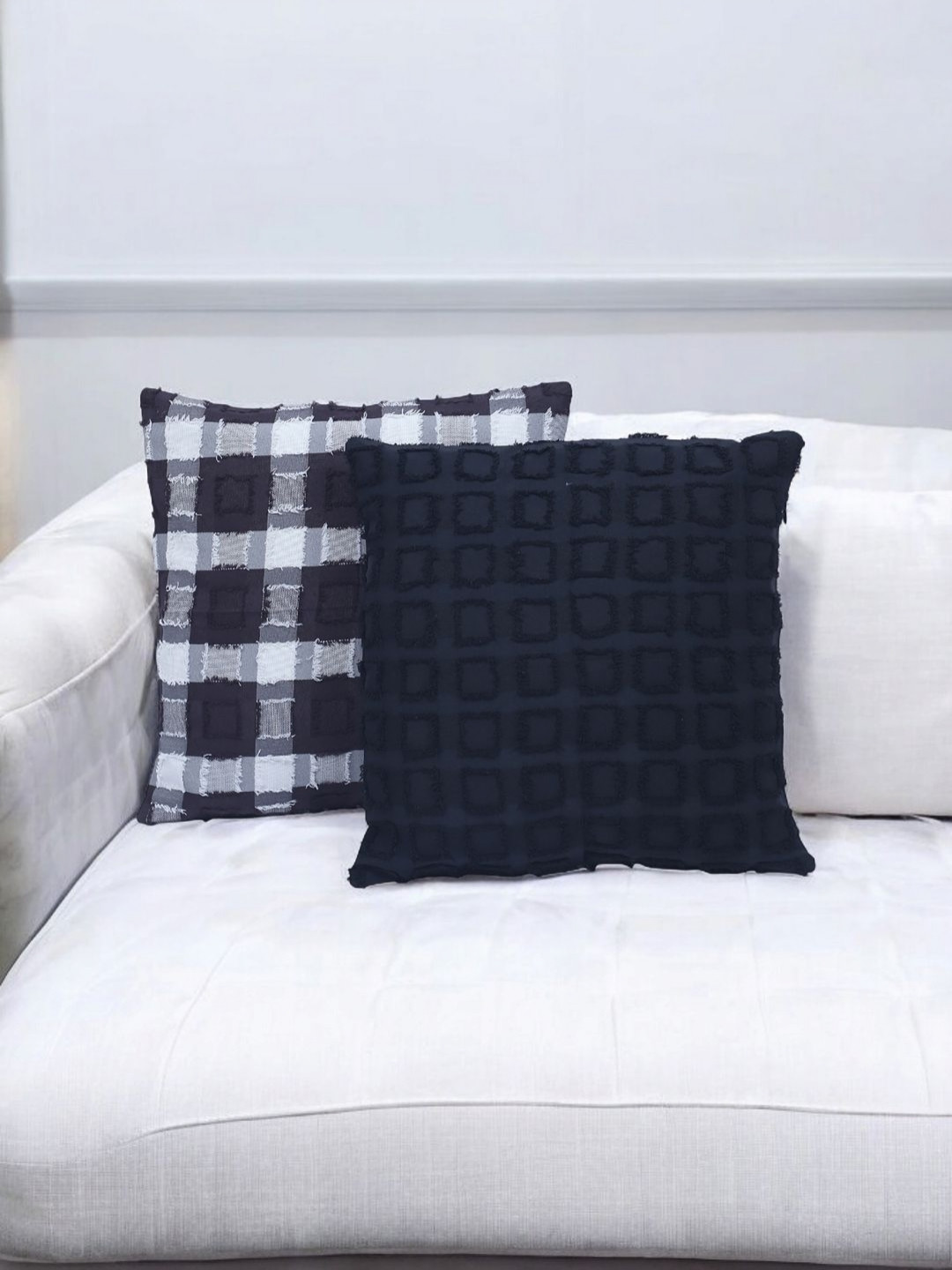 Dhrohar Black Checked Cotton Blend Washable 2 Pcs Textured Square Cushion Covers -12x12In