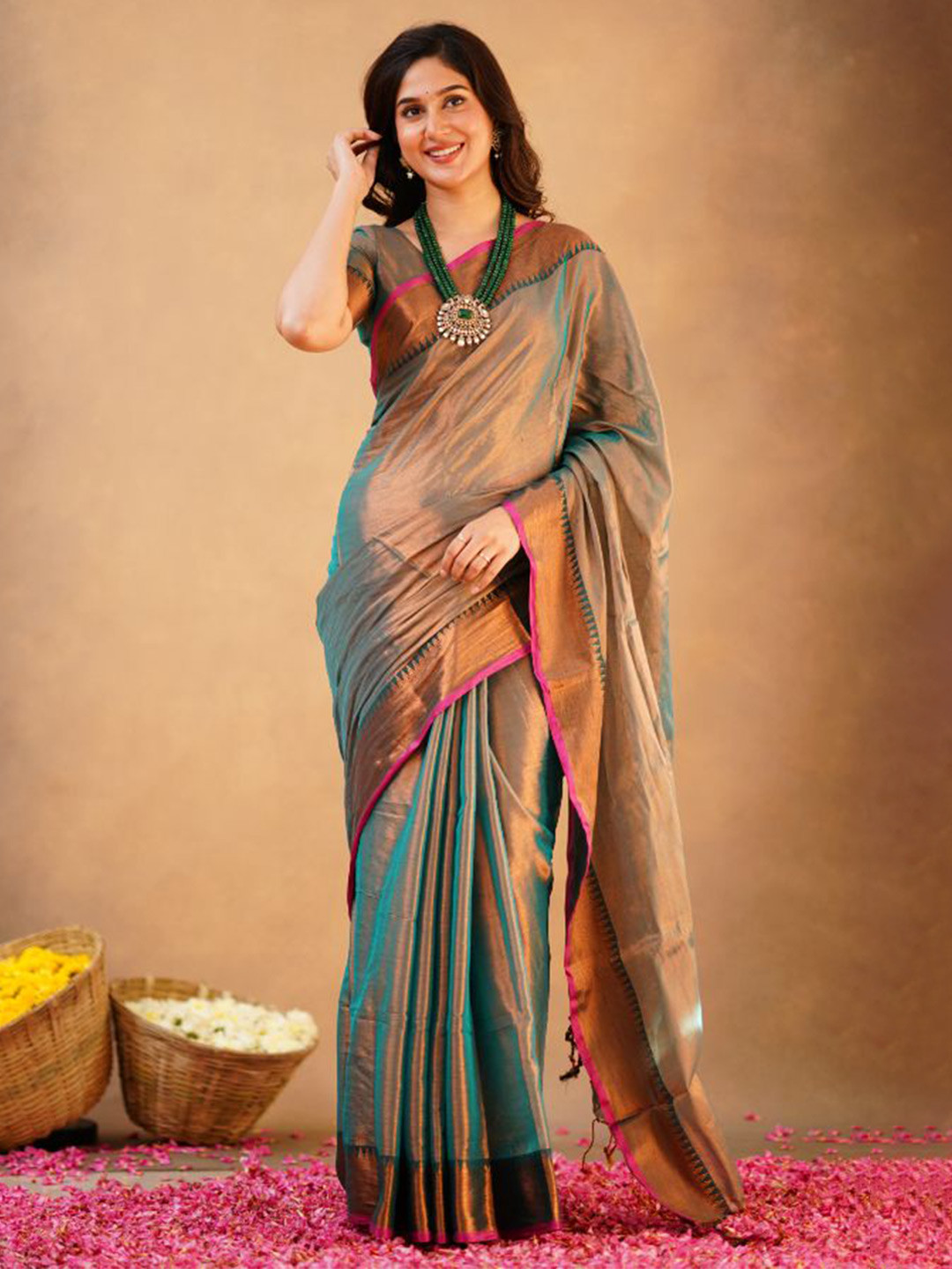 Sutisancha Rama Green Handloom Temple Tissue Saree