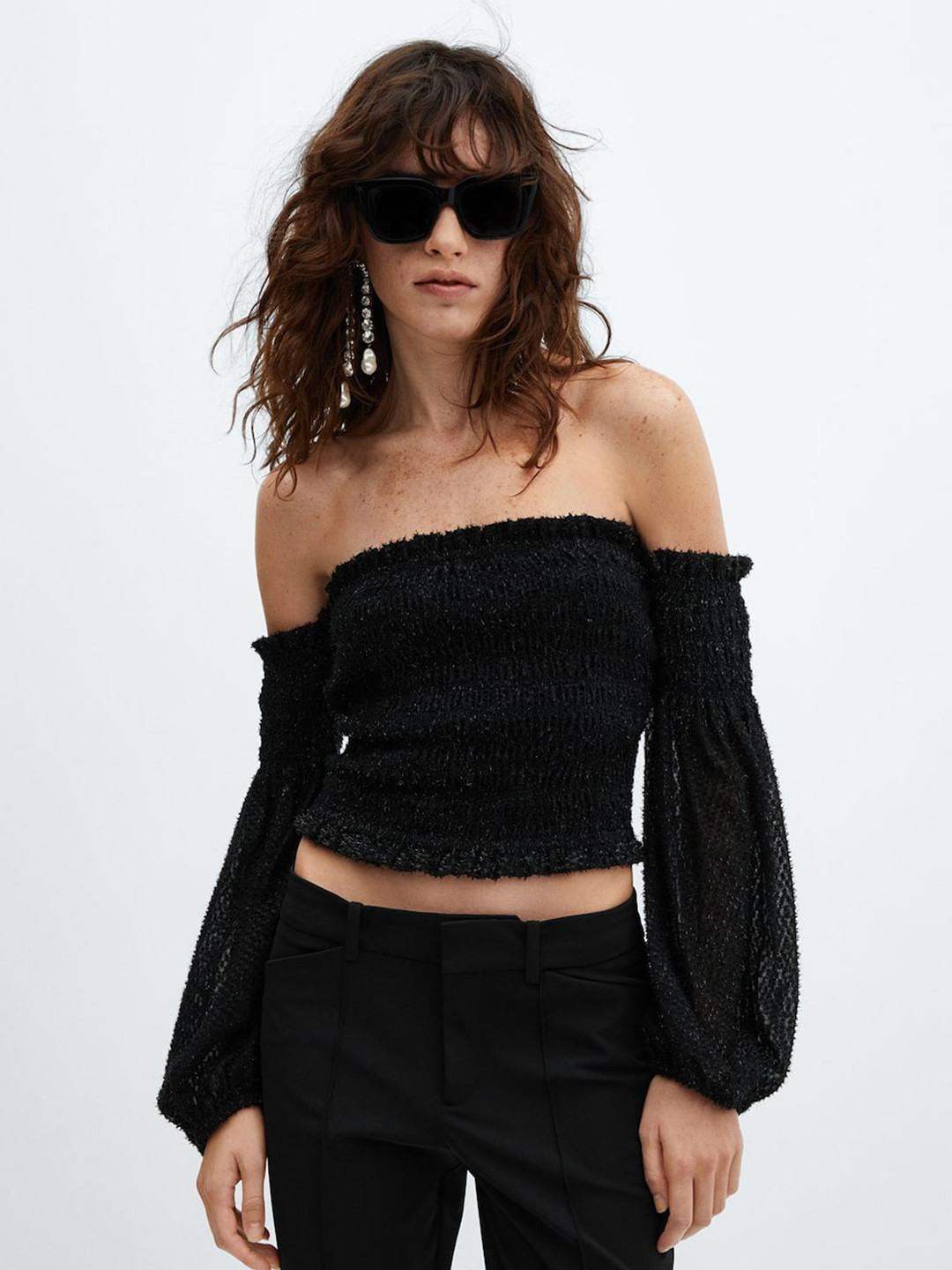 MANGO Shimmery Puff Sleeve Bardot Crop Top
