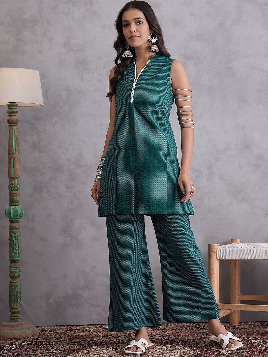 Sangria Emerald Striped Kantha Work Mandarin Collar Pure Cotton Tunic & Palazzos