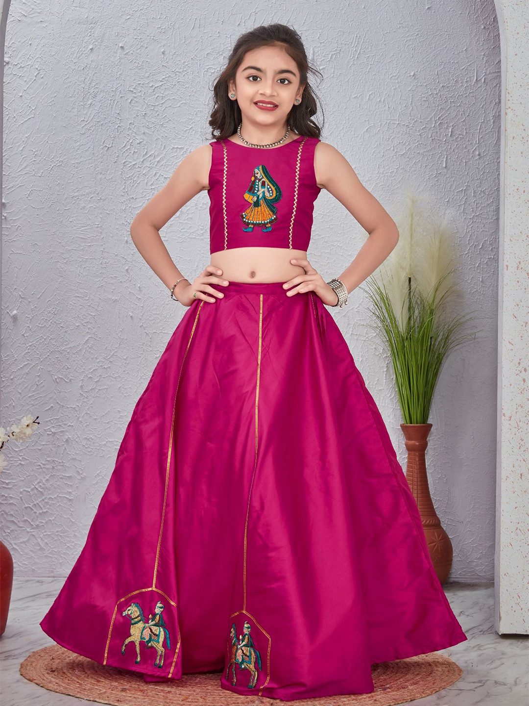 Anneca Girls Ethnic Motifs Embroidered Boat Neck Gotta Patti Choli With Full Flare Lehenga