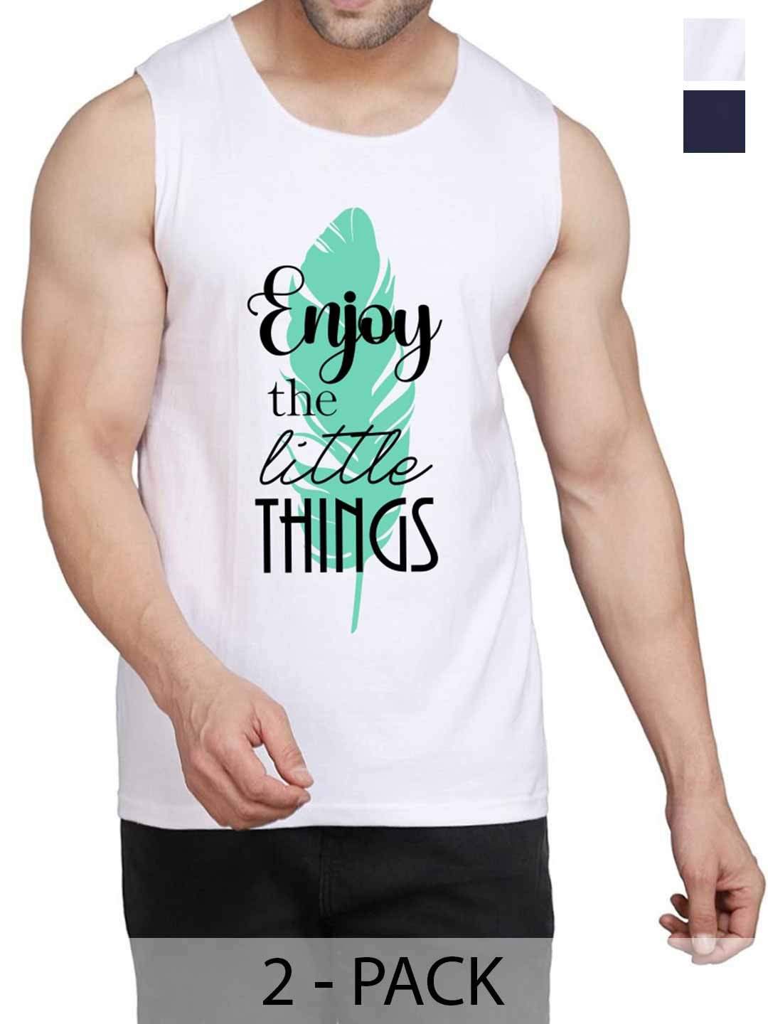 WOOSTRO Pack Of 2 Printed Gym Vests RS26 (ENJOY WHITE)(MORE NAVY)