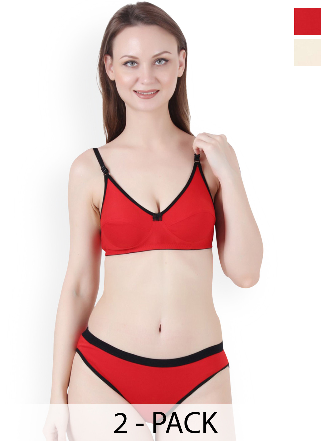 Fihana Pack Of 2 Cotton Lingerie Set PSH-777-RED-BEG-30B