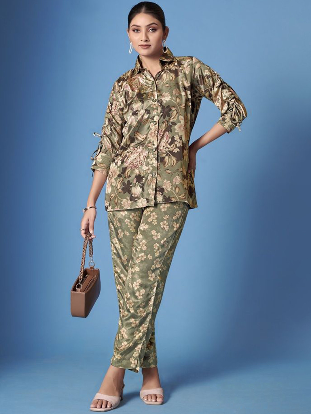 JIVORA Printed Shirt with Trousers & Scarf Co-Ords