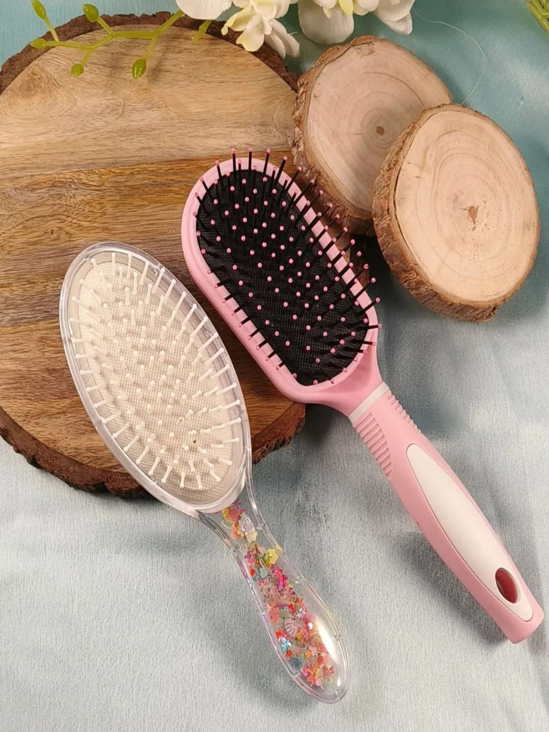 Jewelz Set Of 2 Paddle Cushion Flat Hair Brush For Perfect Detangling Sleek Hair- PInk