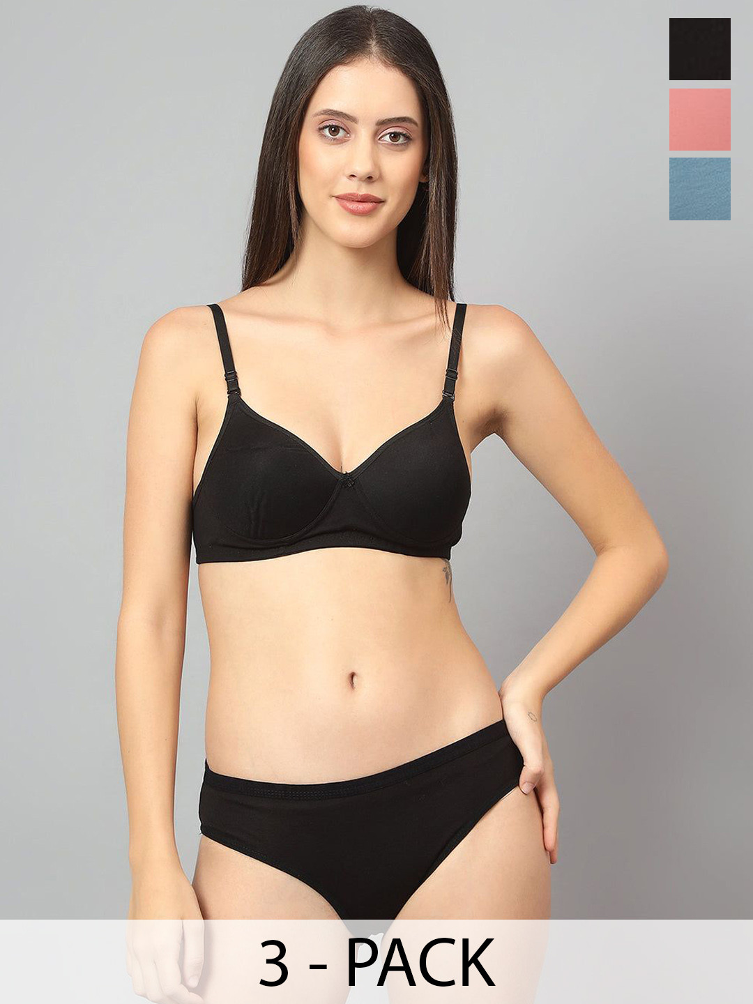 Designer Bugs Pack Of 3 Cotton Non Padded Non Wired Lingerie Set NPLS-B-RG-G-30B