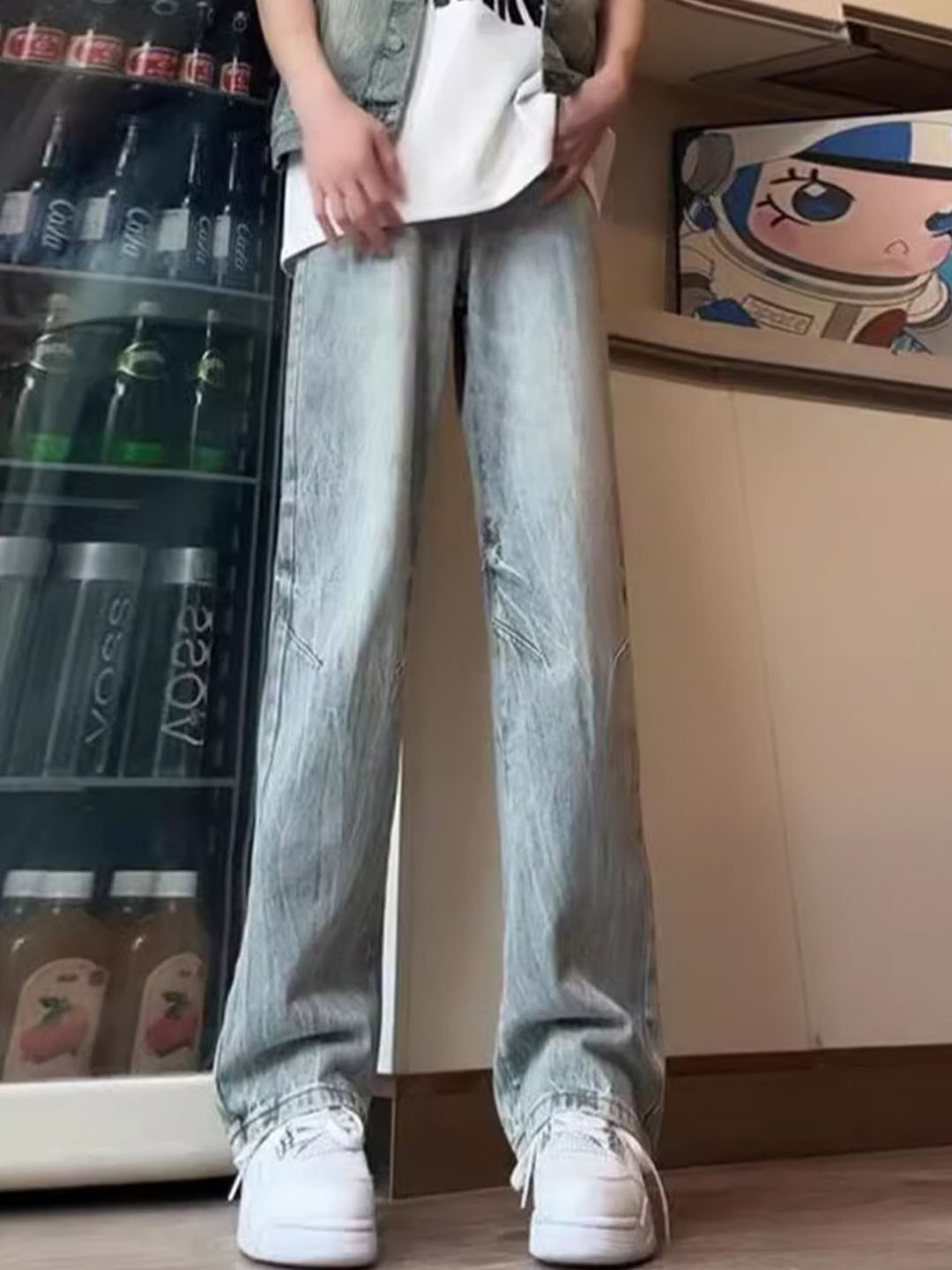 HERE&NOW Men Wide Leg Clen Look Light Fade Light Shade Jeans