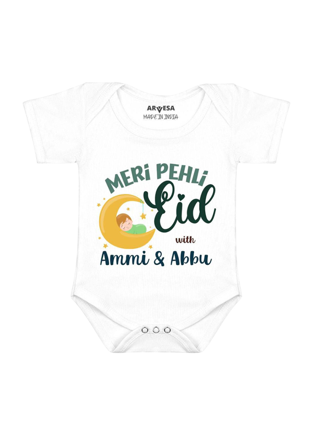Arvesa Infants Kids Meri Pehli Eid With Ammi & Abbu Printed Cotton Romper