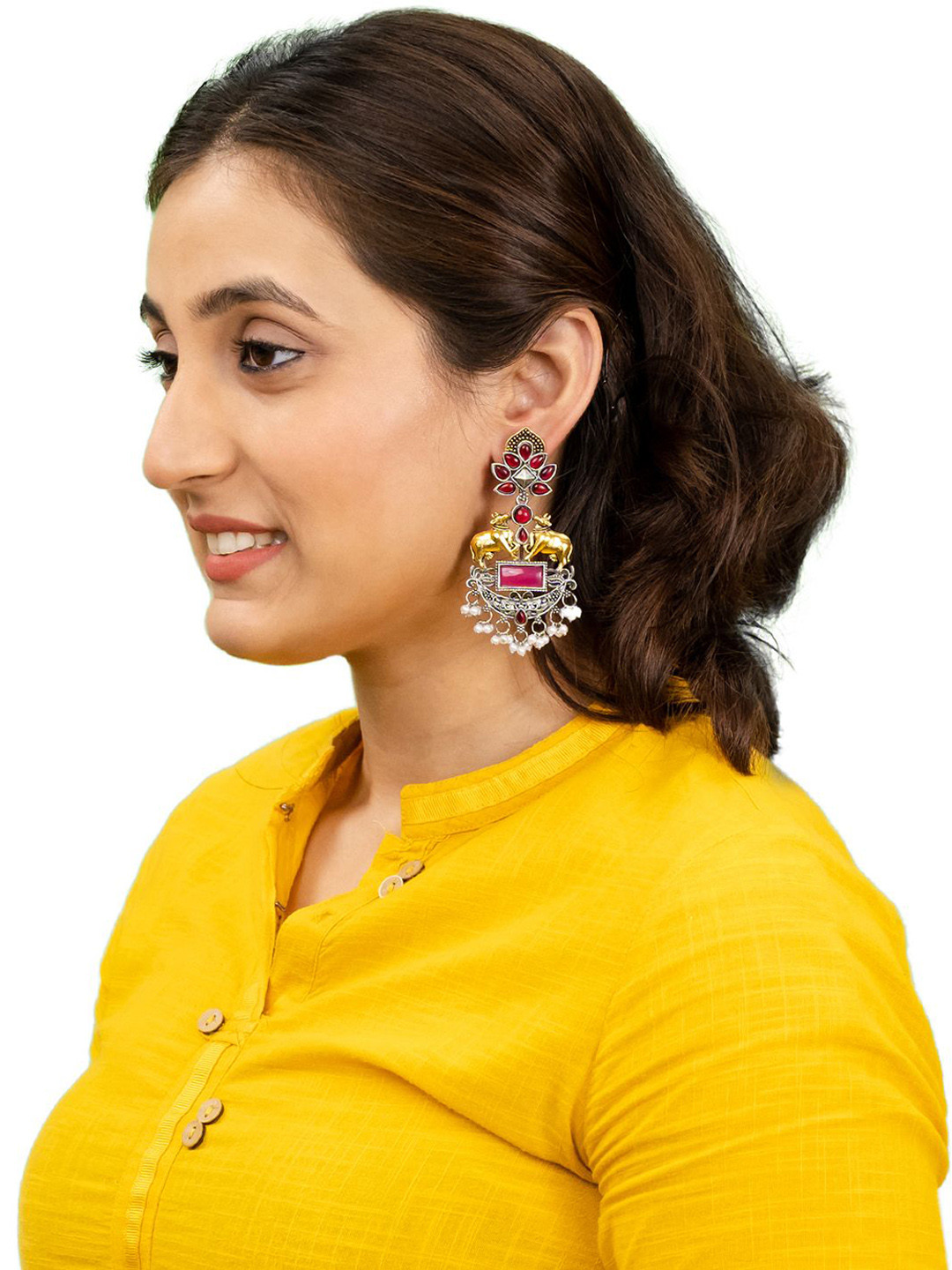 Shining Jewel - By Shivansh Silver-Plated CZ Studded & Pearls Beaded Nandi Drop Earrings