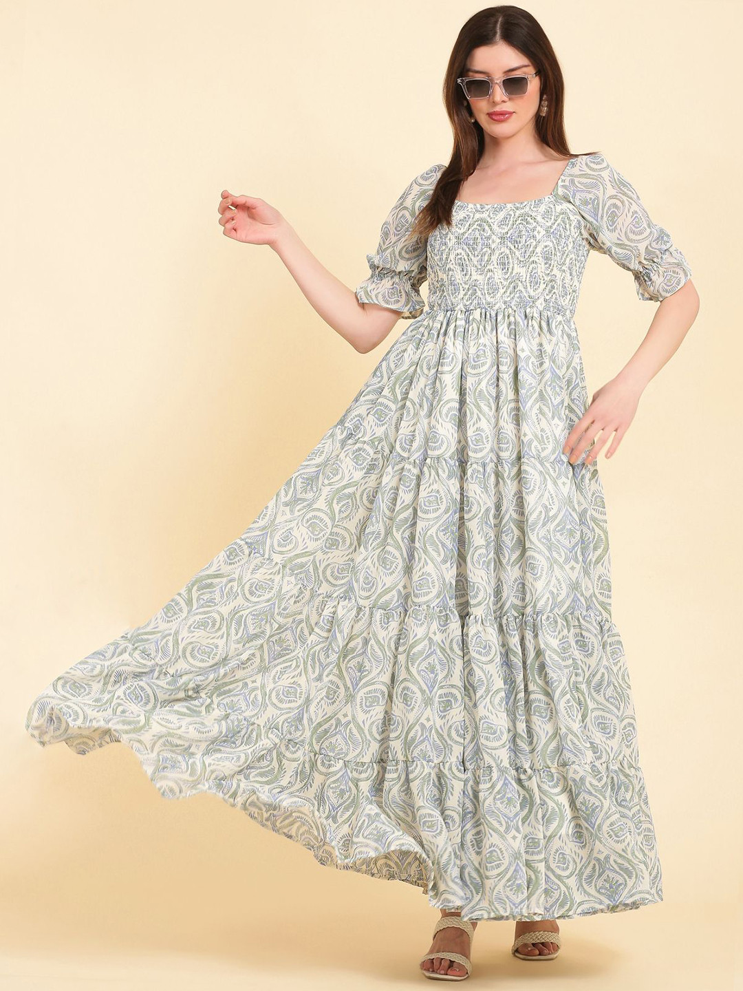 NOUN Bohemian Print Puff Sleeve Georgette Fit & Flare Maxi Dress