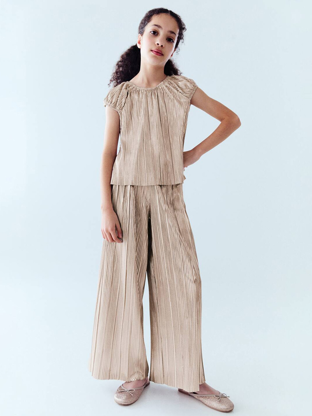 Mango Kids Girls Sheen Finish Accordion Pleats Parallel Trousers