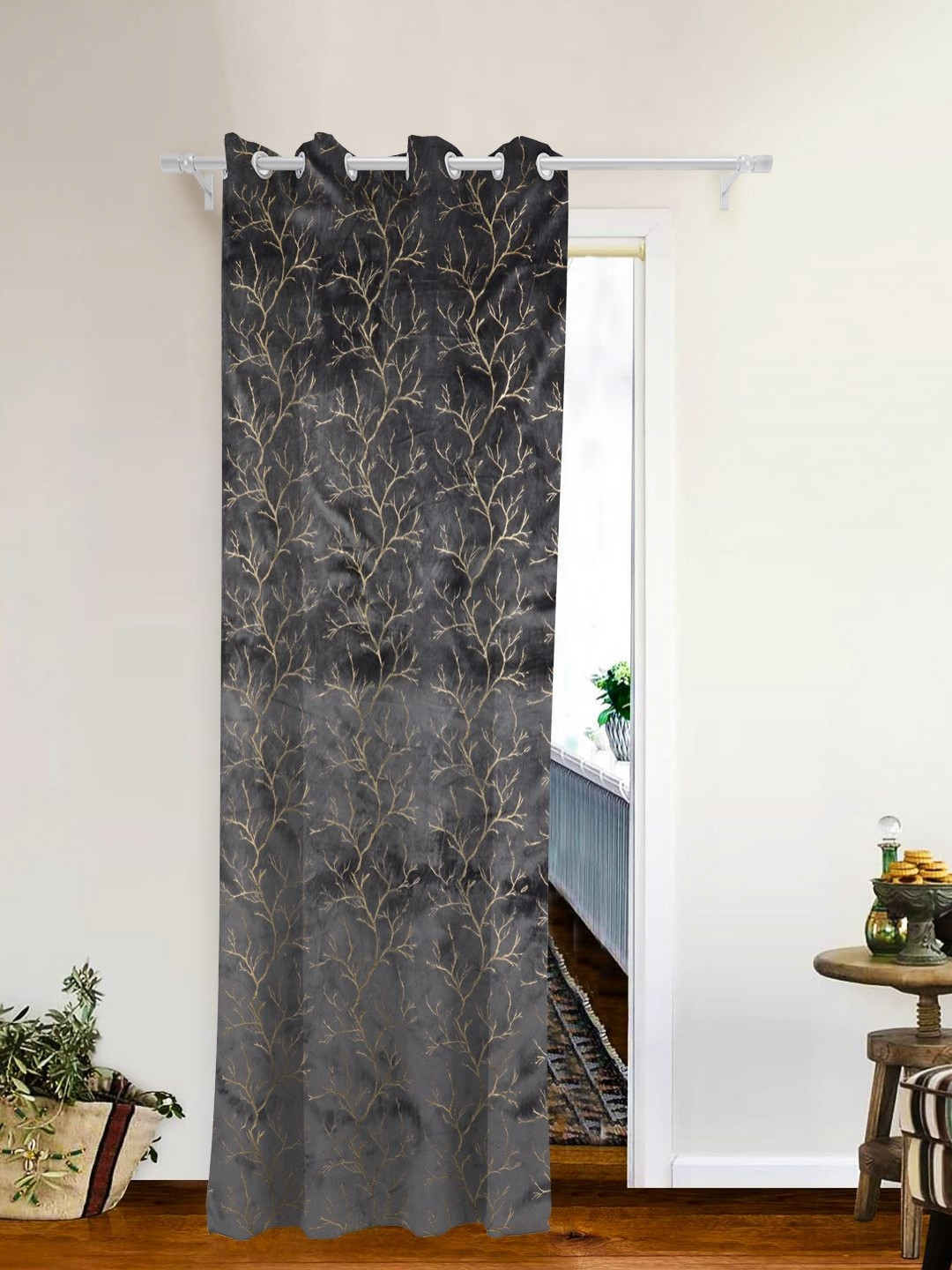 THE CONVERSION Grey & Gold-Toned Foil Work Velvet Room Darkening Long Door Curtain