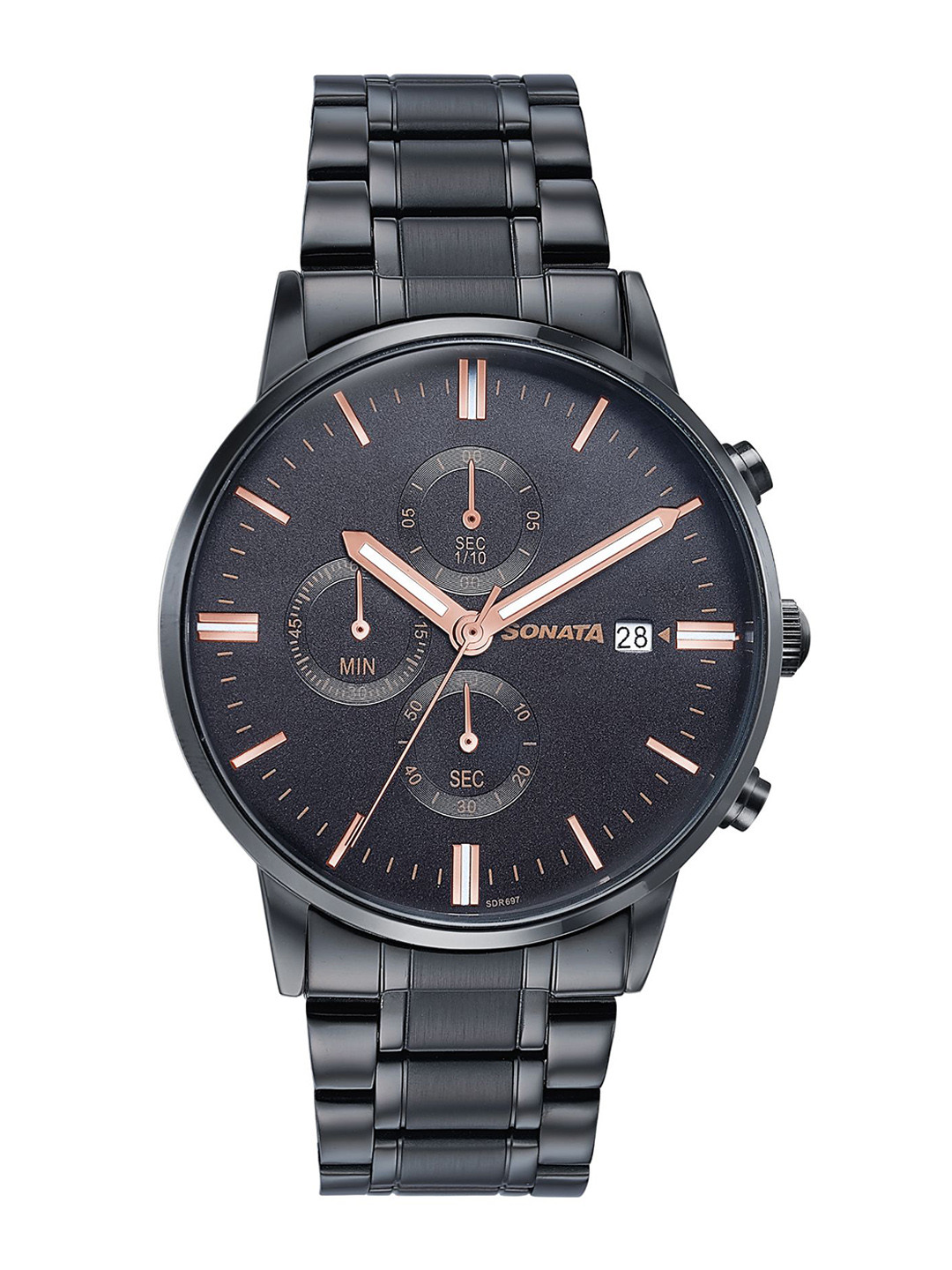 Sonata Men Black Round Dial & Stainless Steel Straps Analogue Watch 77145NM01