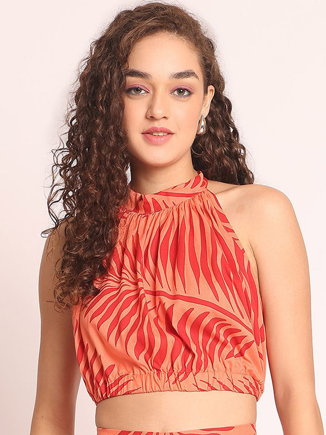 Aoba Women Orange Abstract Print High Neck Crop Top