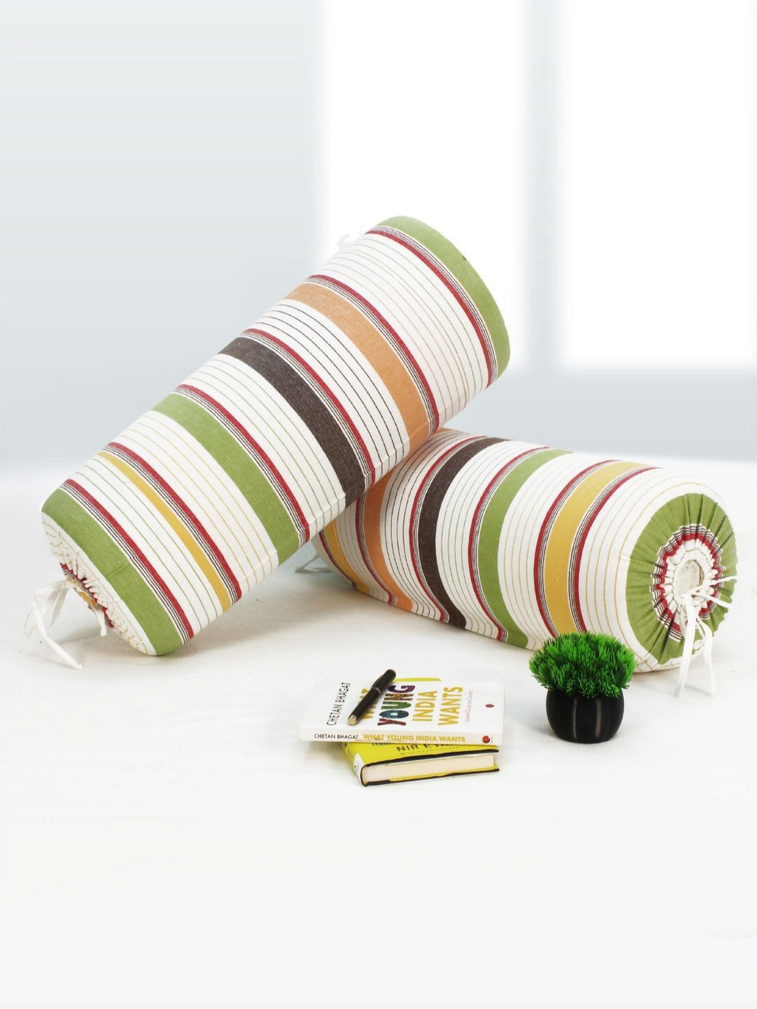 Aurave Green & Red 2 Pieces Striped Pure Cotton Bolster Covers