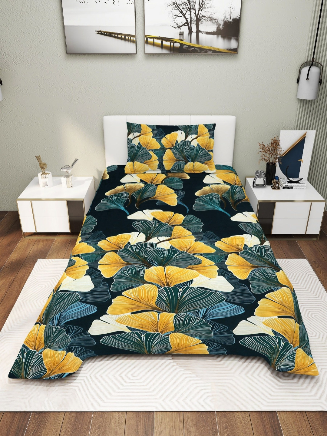 EXFAB Green Floral Pure Cotton 244 TC Fitted Single Fine Bedsheet with a Pillow Cover-187 x 116 cm